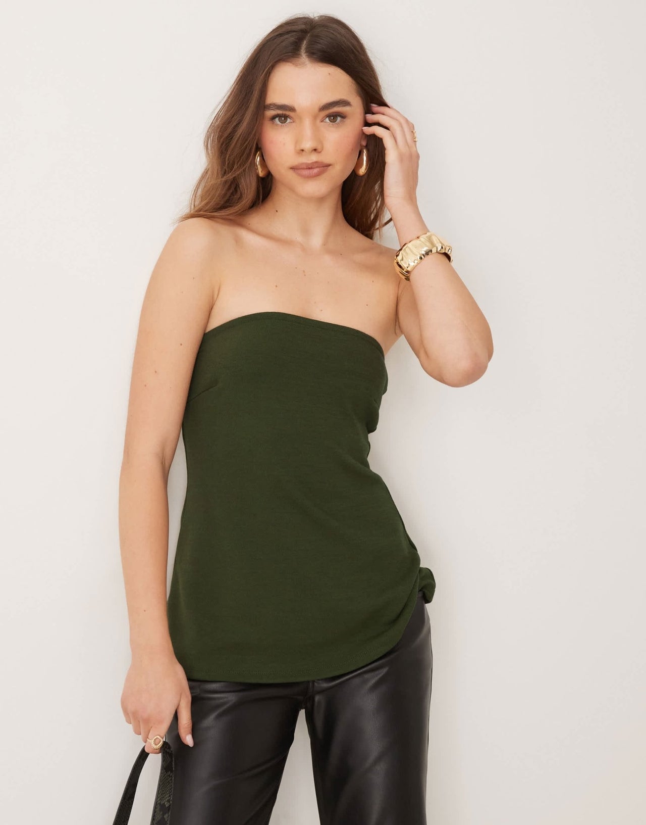Gina Tricot long line bandeau top in khaki olive green - ASOS Sample Sale