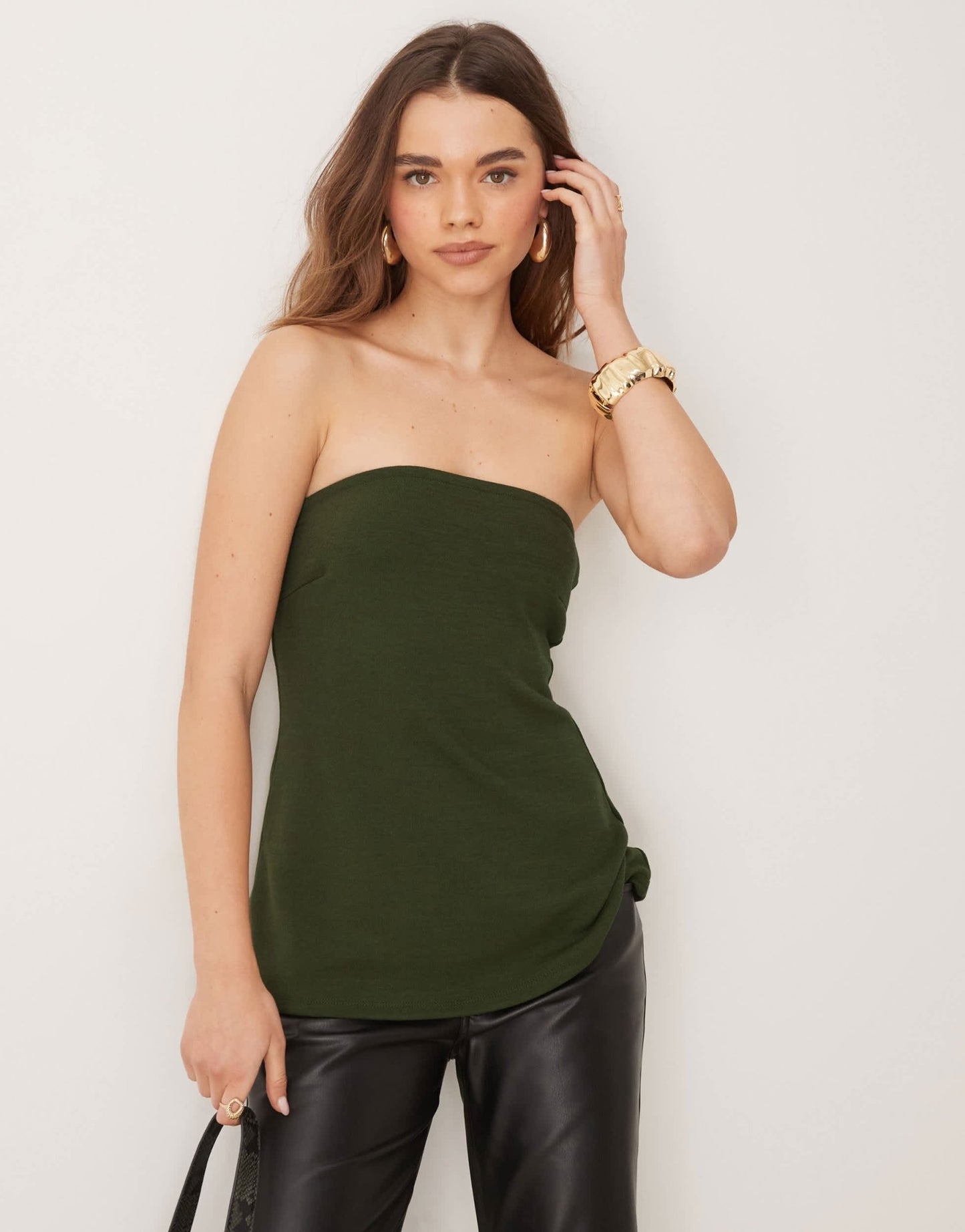 Gina Tricot long line bandeau top in khaki olive green - ASOS Sample Sale