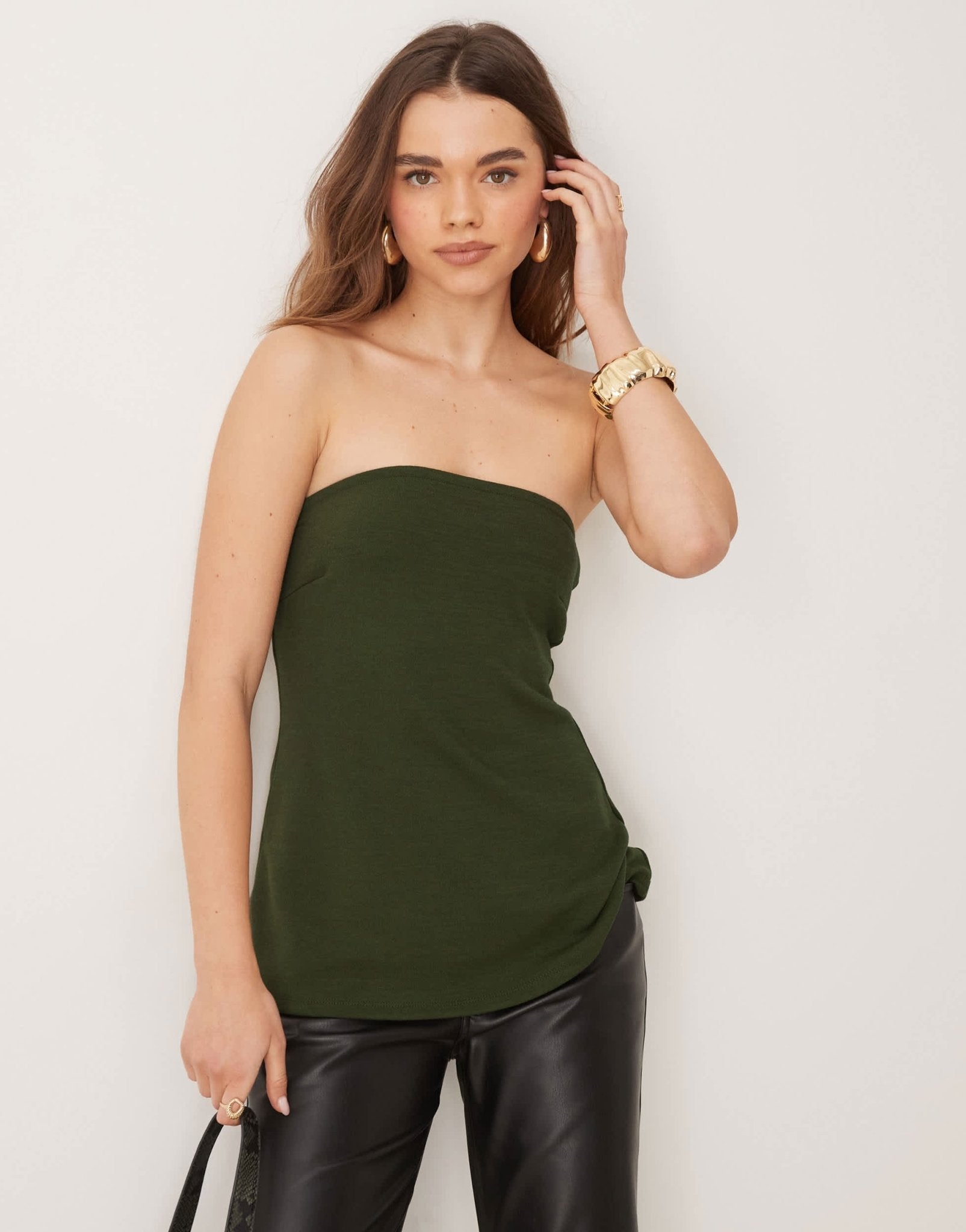 Gina Tricot long line bandeau top in khaki olive green - ASOS Sample Sale