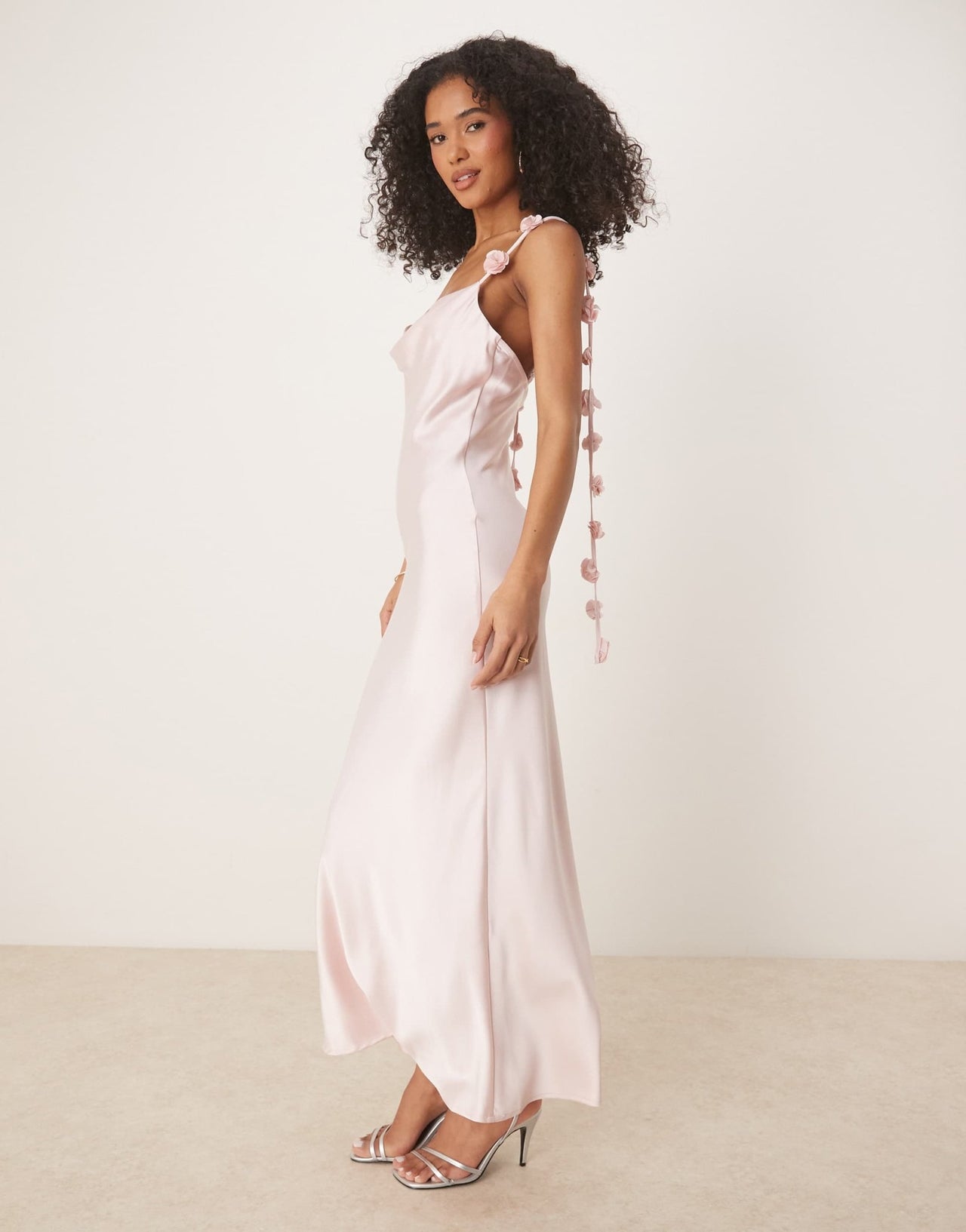 Gina Tricot midi satin cowl neck dress with 3D floral applique in light pink - ASOS Sample Sale