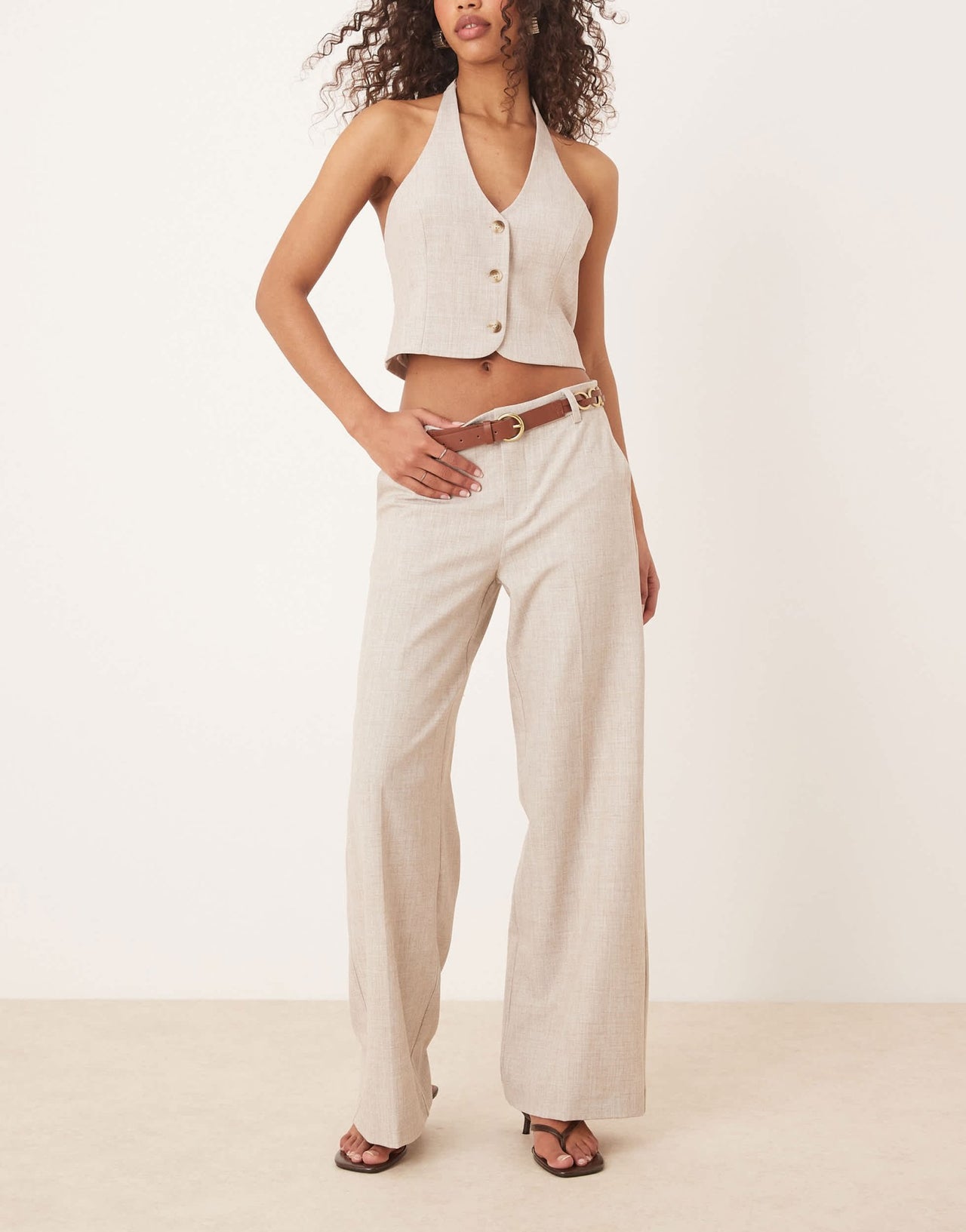 Gina Tricot mix and match co - ord wide leg suit tailored trousers in beige melange - ASOS Sample Sale