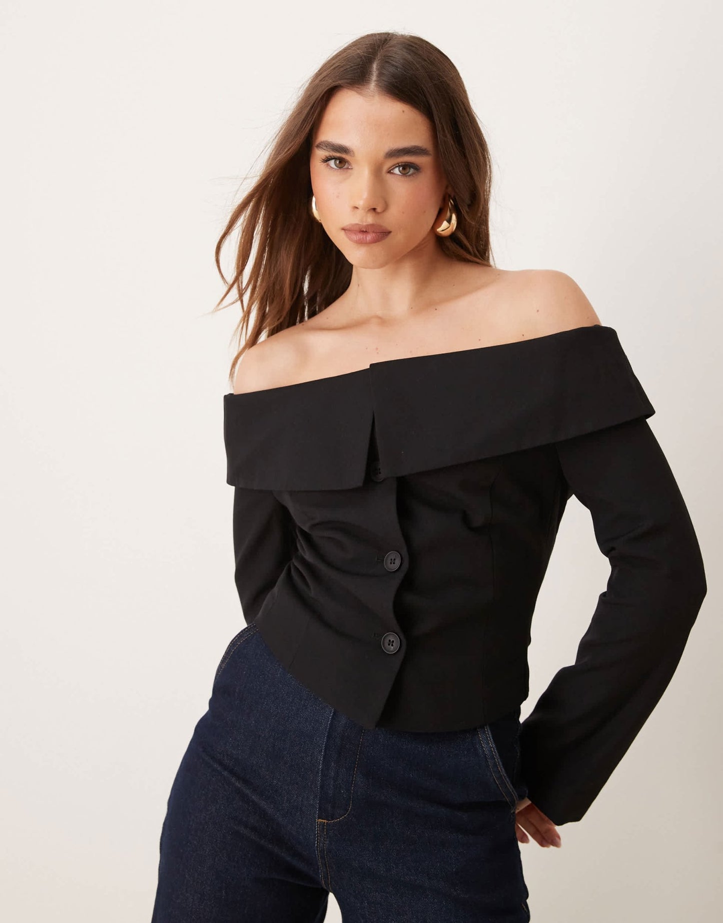 Gina Tricot off shoulder tailored blazer in black - ASOS Sample Sale