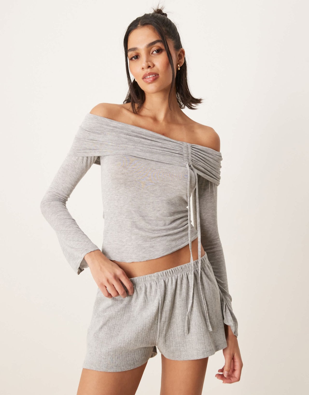 Gina Tricot off shoulder top with ruche channel detail and fluted sleeves in light grey melange - ASOS Sample Sale