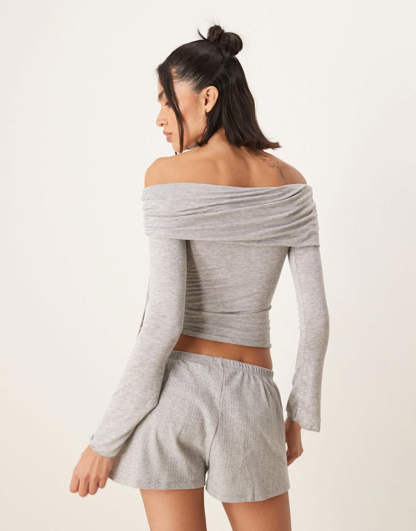 Gina Tricot off shoulder top with ruche channel detail and fluted sleeves in light grey melange - ASOS Sample Sale