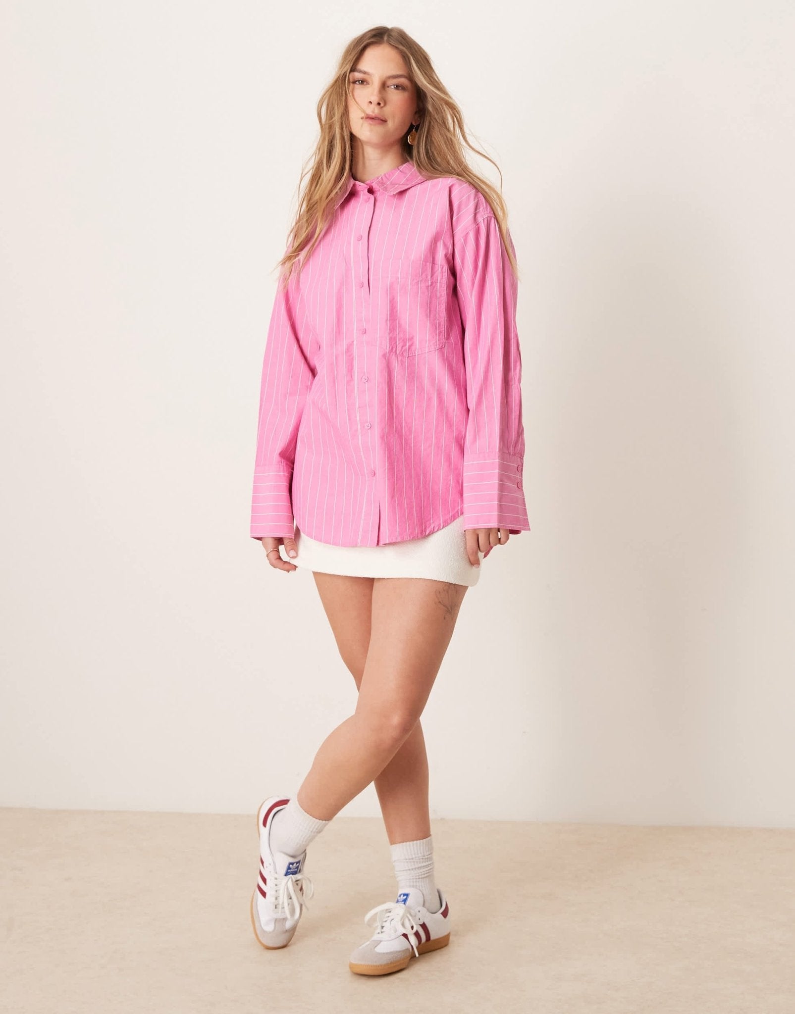 Gina Tricot oversized oxford shirt in pink stripes - ASOS Sample Sale