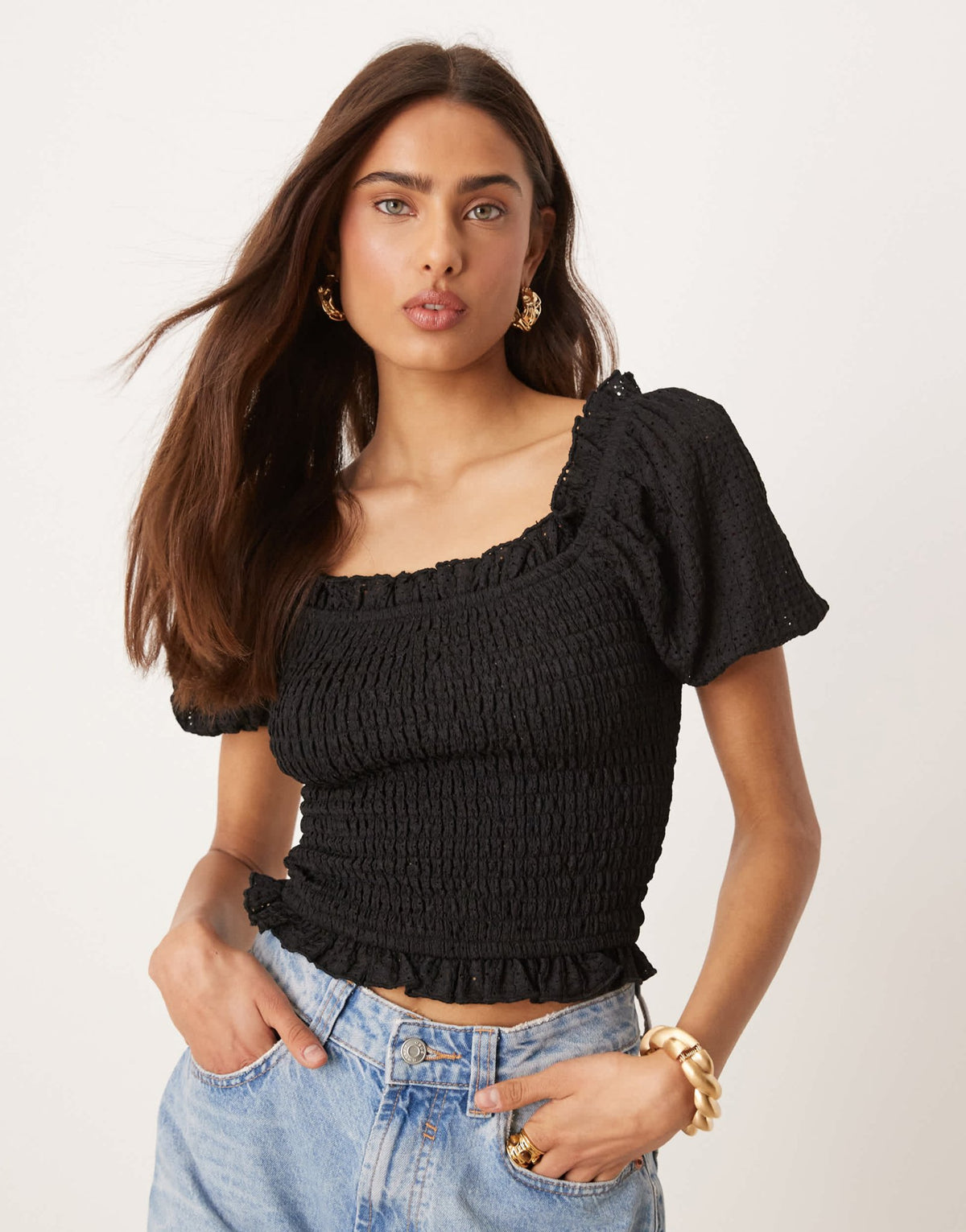 Gina Tricot puff sleeve frill shirred top in black - ASOS Sample Sale
