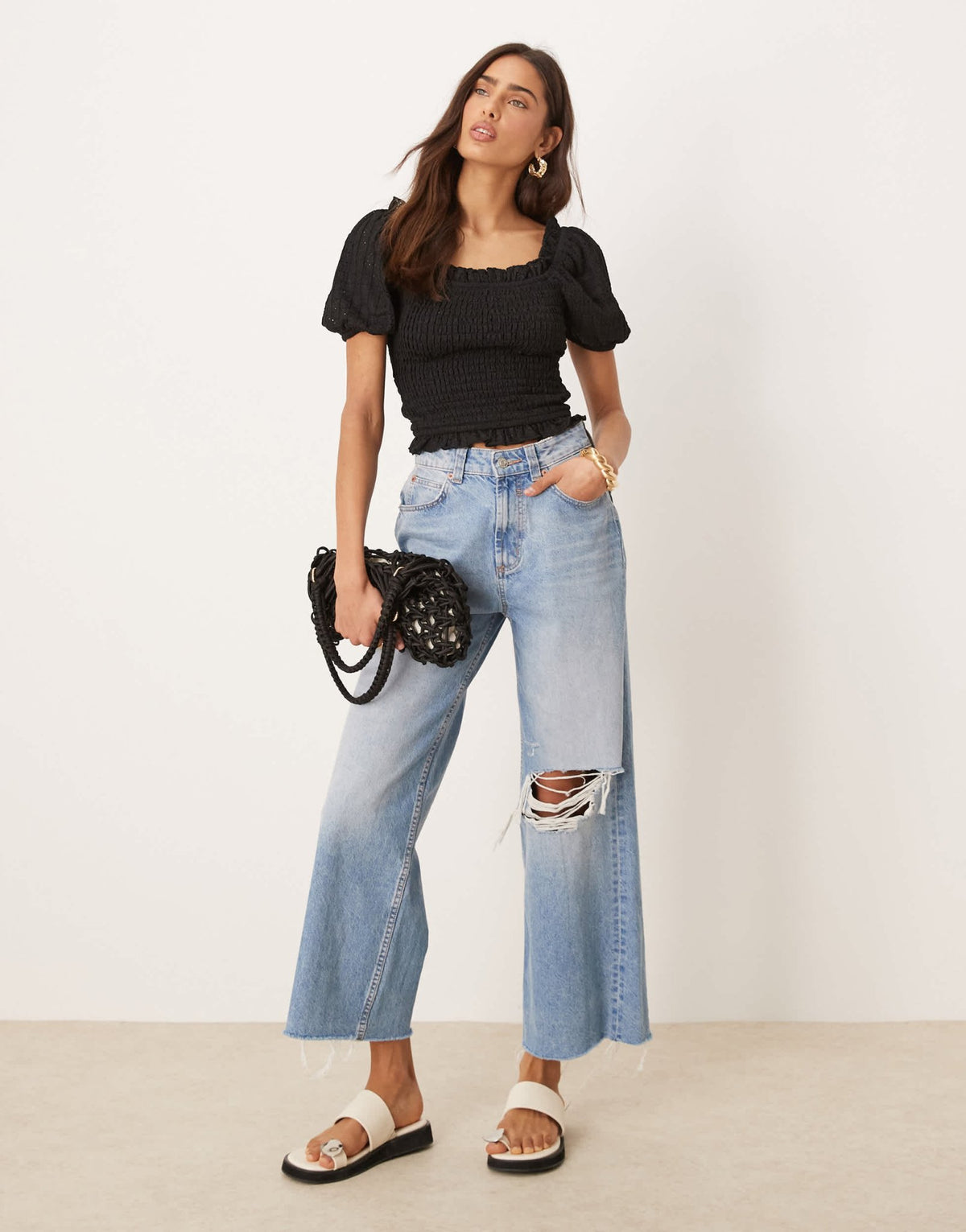 Gina Tricot puff sleeve frill shirred top in black - ASOS Sample Sale