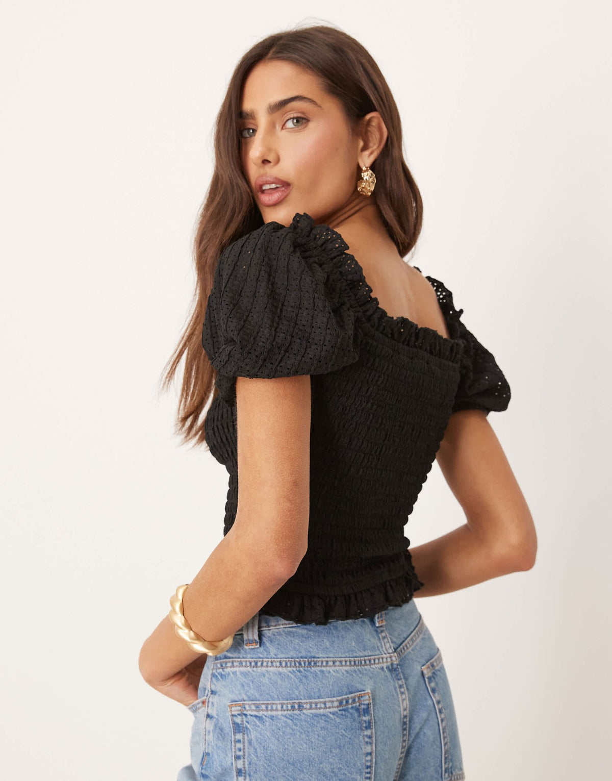 Gina Tricot puff sleeve frill shirred top in black - ASOS Sample Sale