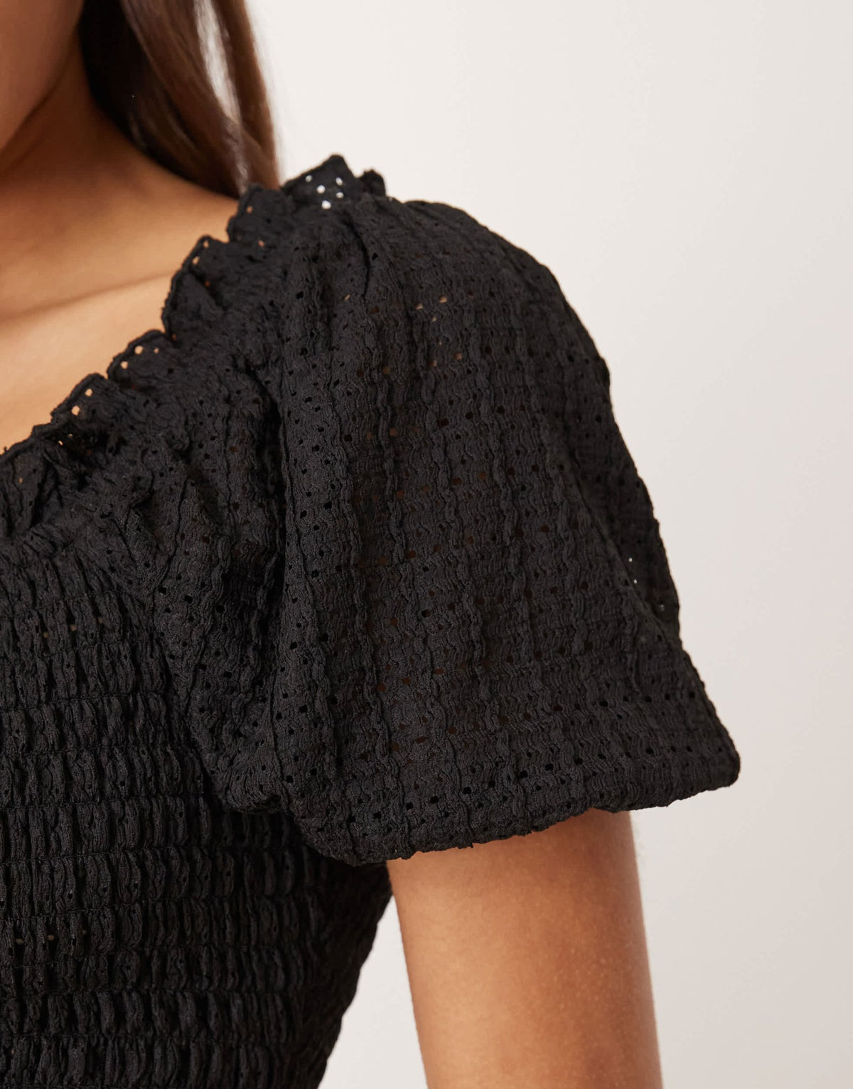Gina Tricot puff sleeve frill shirred top in black - ASOS Sample Sale