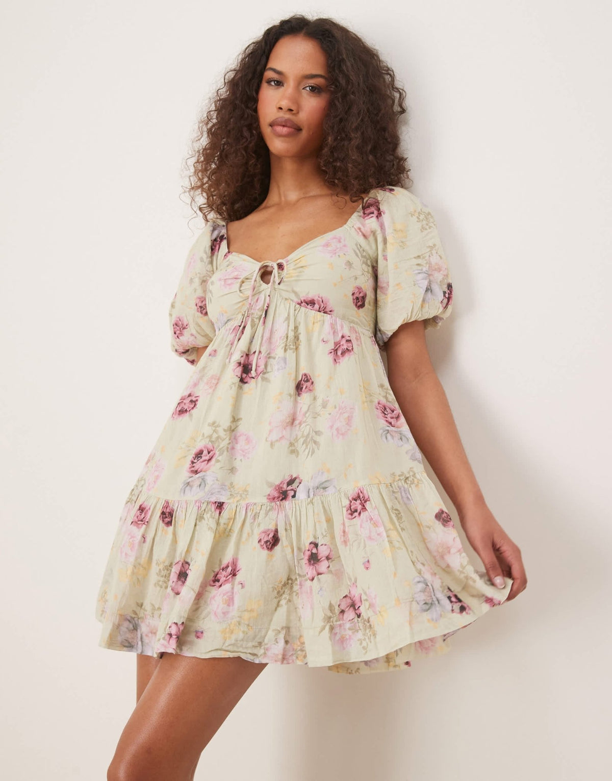 Gina Tricot puff sleeve tie front mini dress in green floral print - ASOS Sample Sale