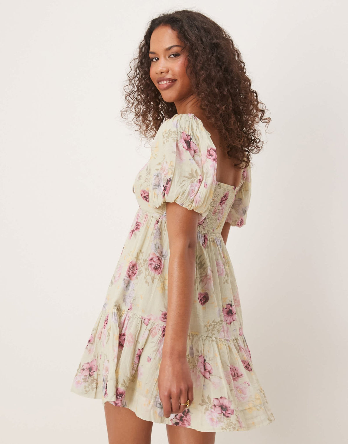 Gina Tricot puff sleeve tie front mini dress in green floral print - ASOS Sample Sale