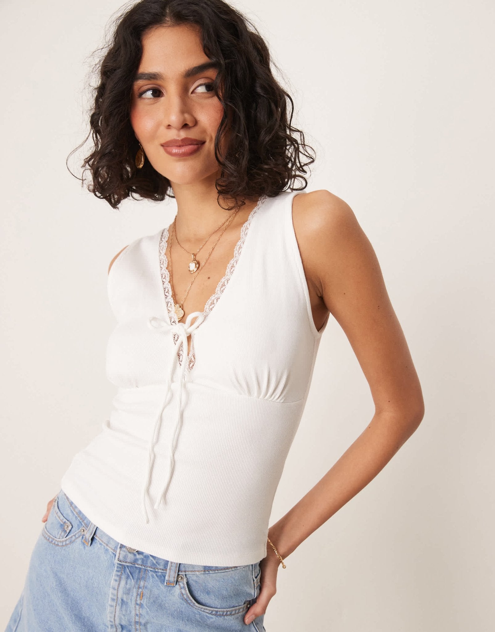 Gina Tricot rib tie front tank top in off white - ASOS Sample Sale