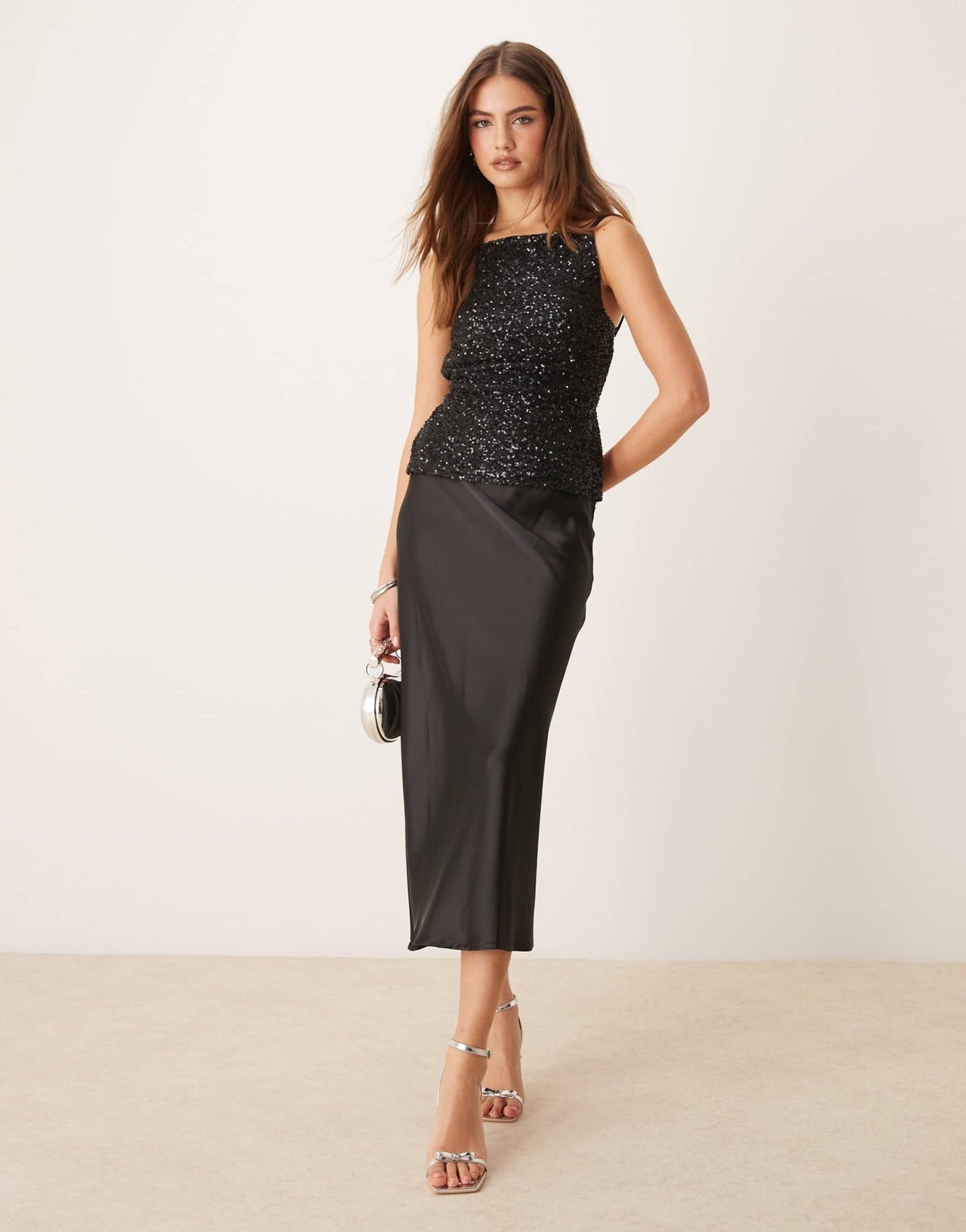 Gina Tricot satin midi skirt in black - ASOS Sample Sale
