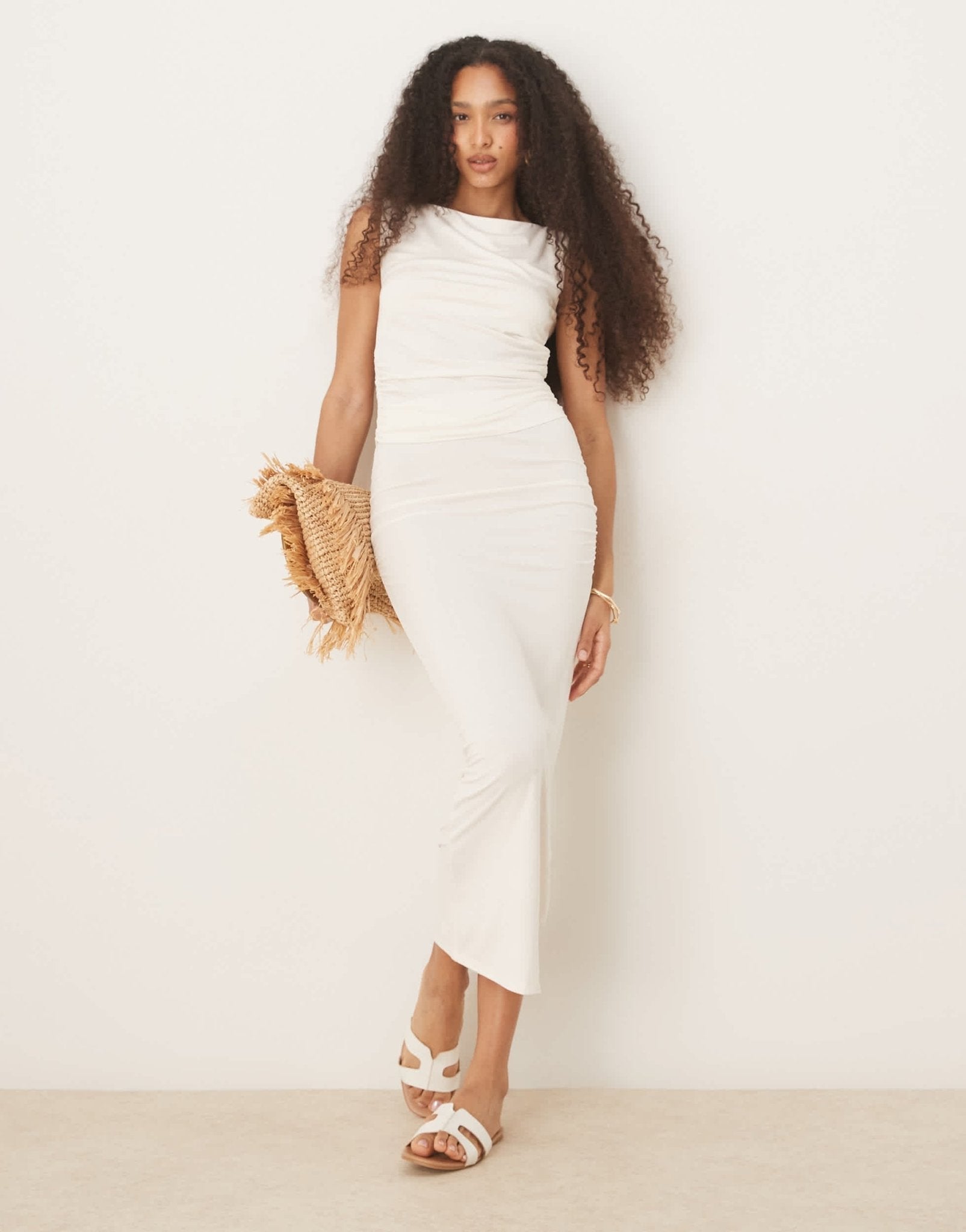 Gina Tricot Soft Touch jersey maxi skirt with ruched side detail in cream - ASOS Sample Sale