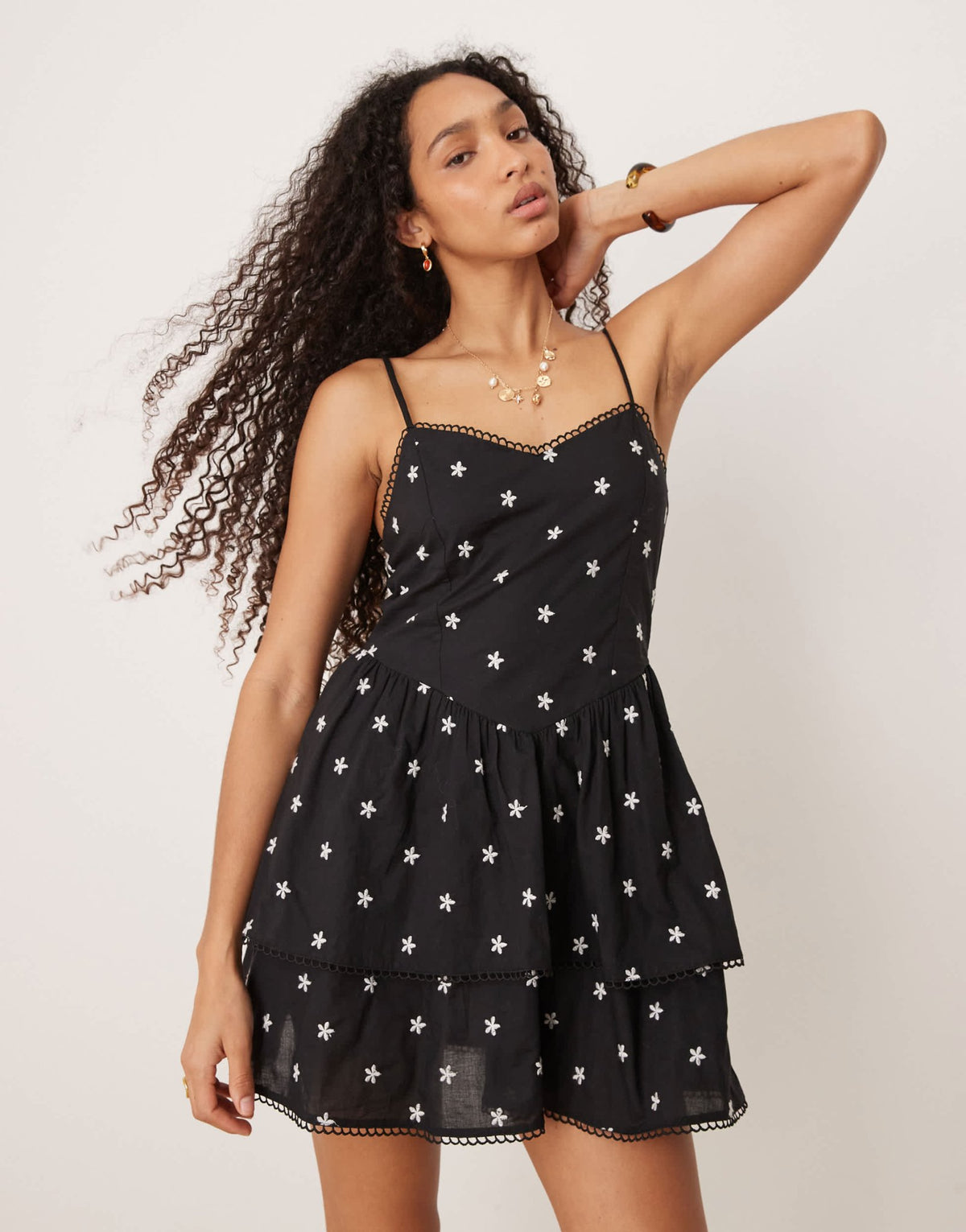 Gina Tricot strappy tiered ruffle summer mini dress in black floral - ASOS Sample Sale