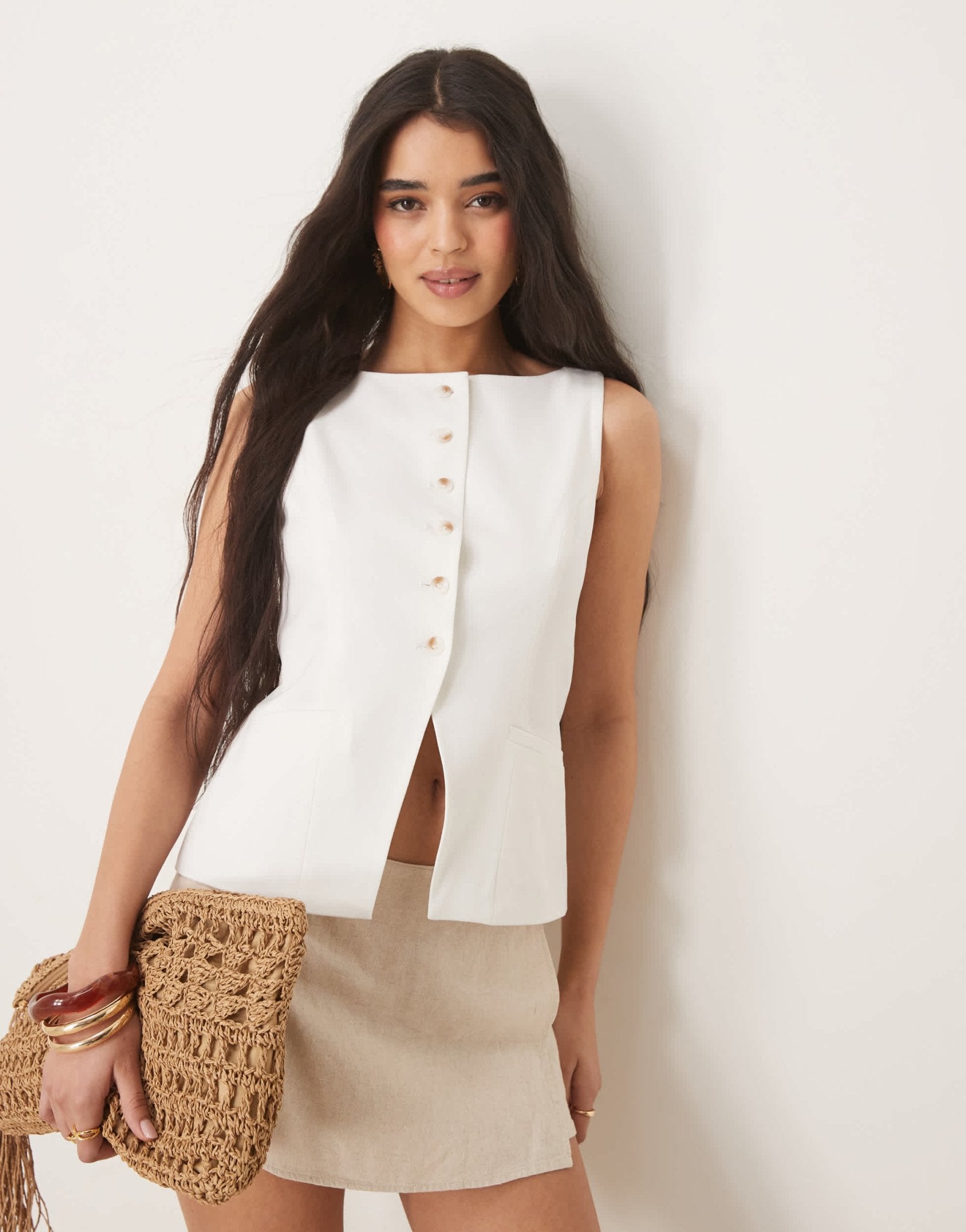 Gina Tricot tailored longline boatneck waistcoat in white - ASOS Sample Sale