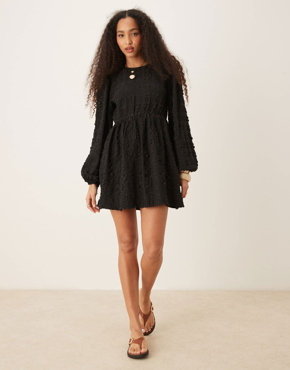 Gina Tricot textured mini dress with open tie back and volume sleeves in black - ASOS Sample Sale
