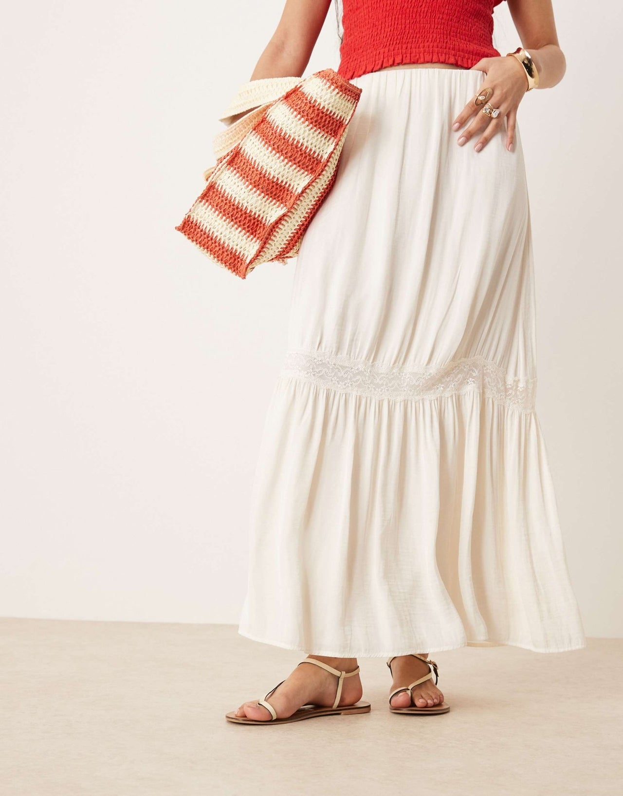 Gina Tricot tiered maxi skirt with lace insert in cream - ASOS Sample Sale