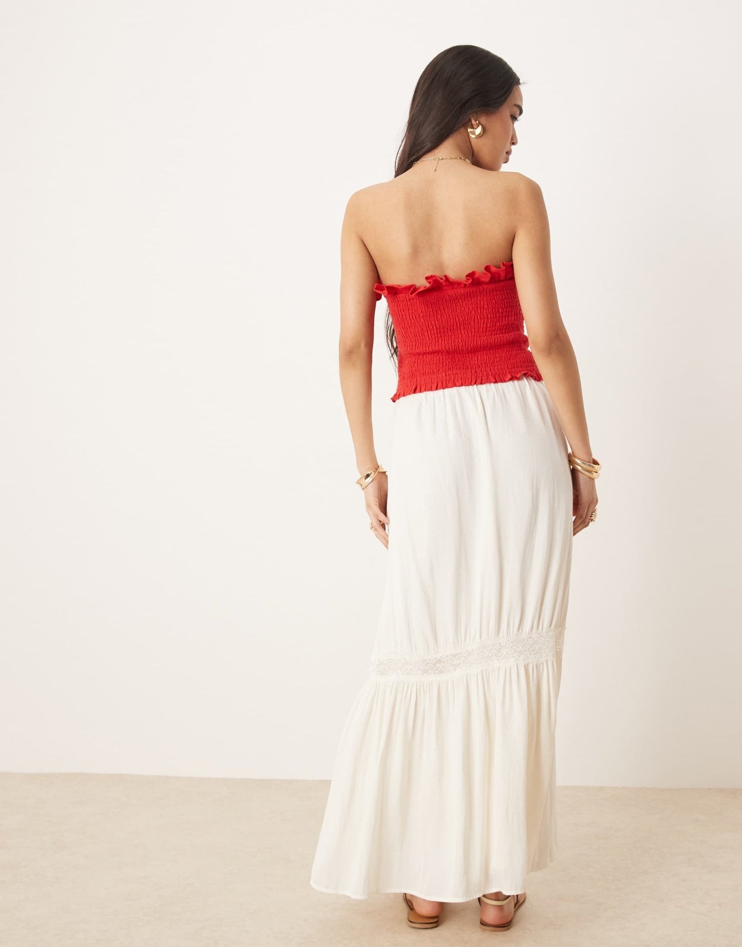 Gina Tricot tiered maxi skirt with lace insert in cream - ASOS Sample Sale