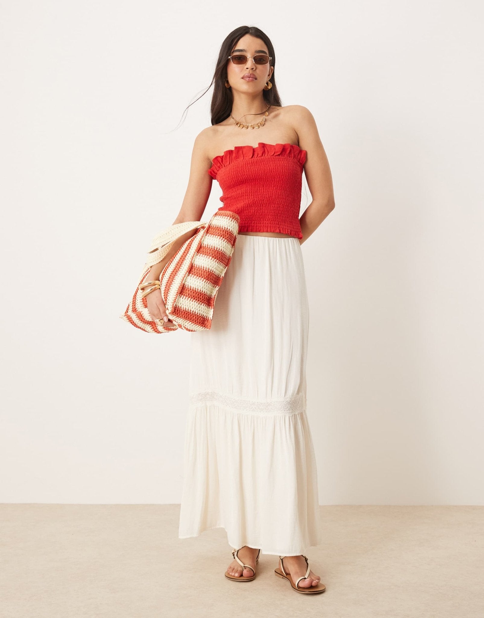 Gina Tricot tiered maxi skirt with lace insert in cream - ASOS Sample Sale