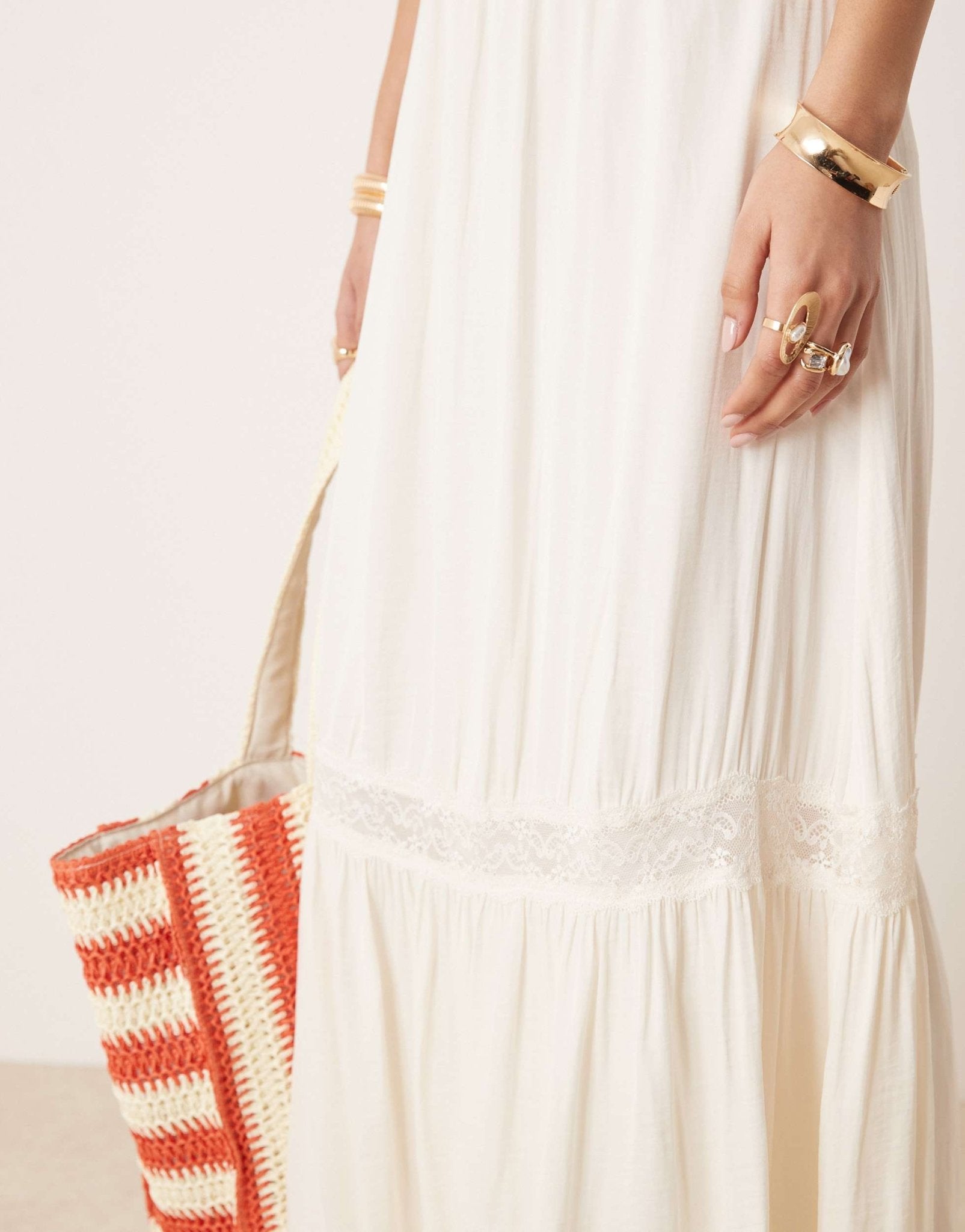 Gina Tricot tiered maxi skirt with lace insert in cream - ASOS Sample Sale