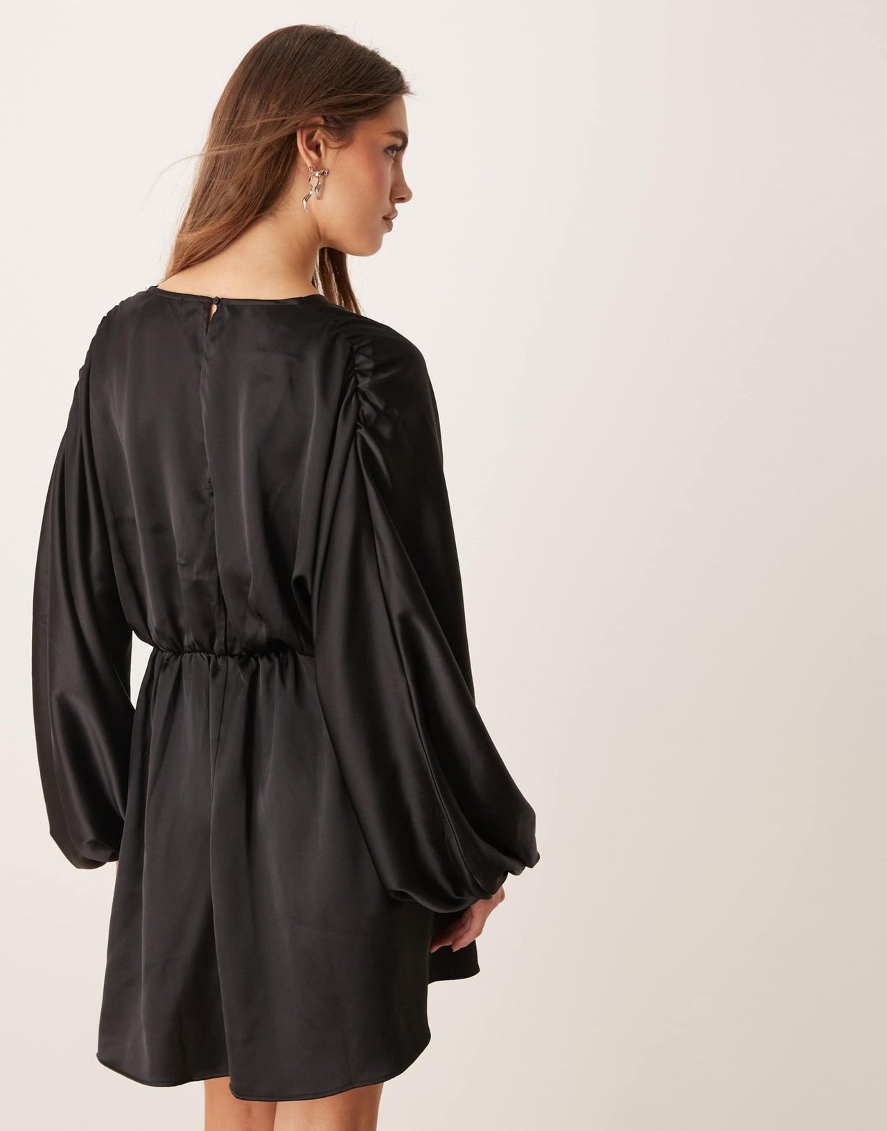 Gina Tricot v neck satin batwing sleeve mini dress with wrap front detail in black - ASOS Sample Sale