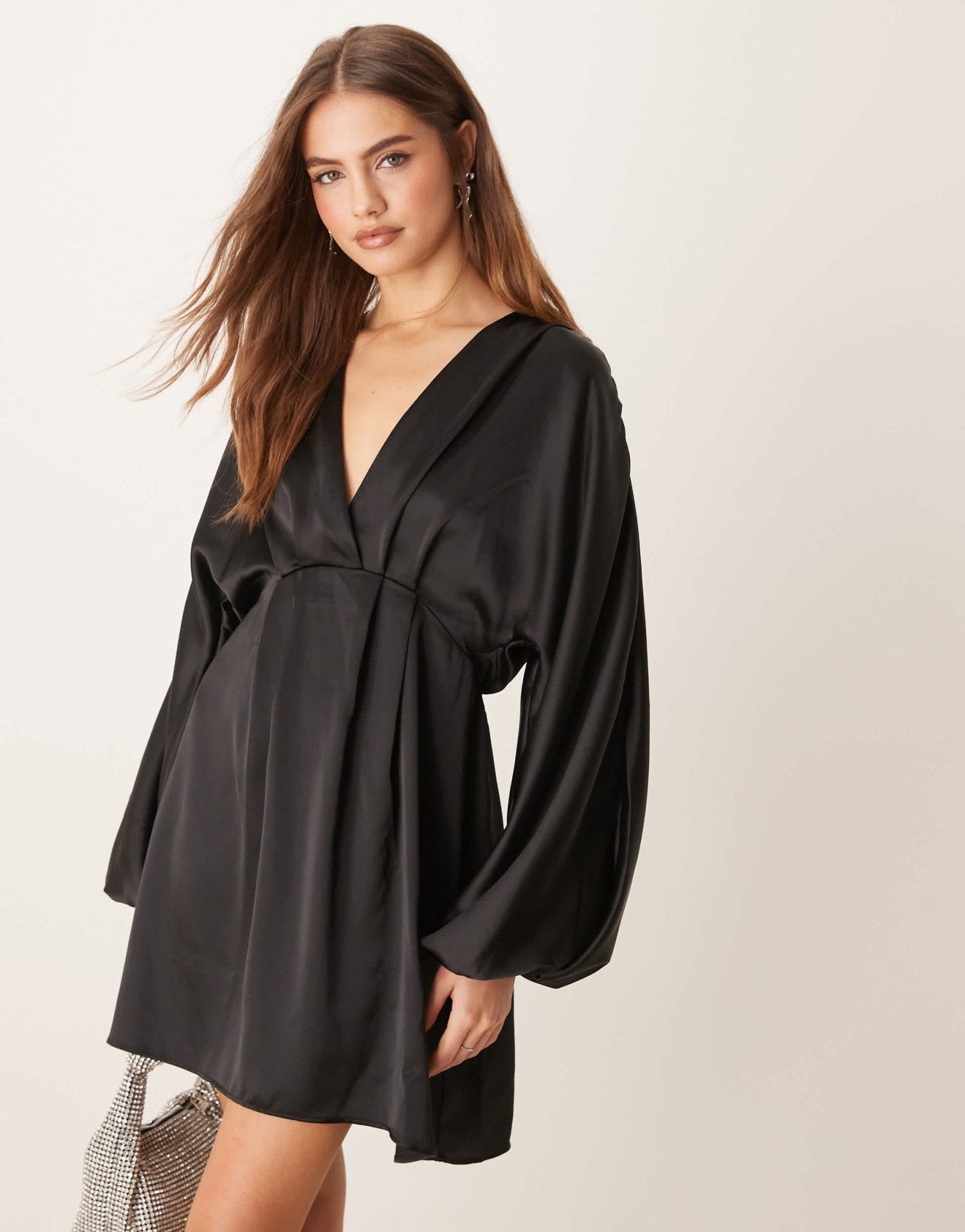 Gina Tricot v neck satin batwing sleeve mini dress with wrap front detail in black - ASOS Sample Sale