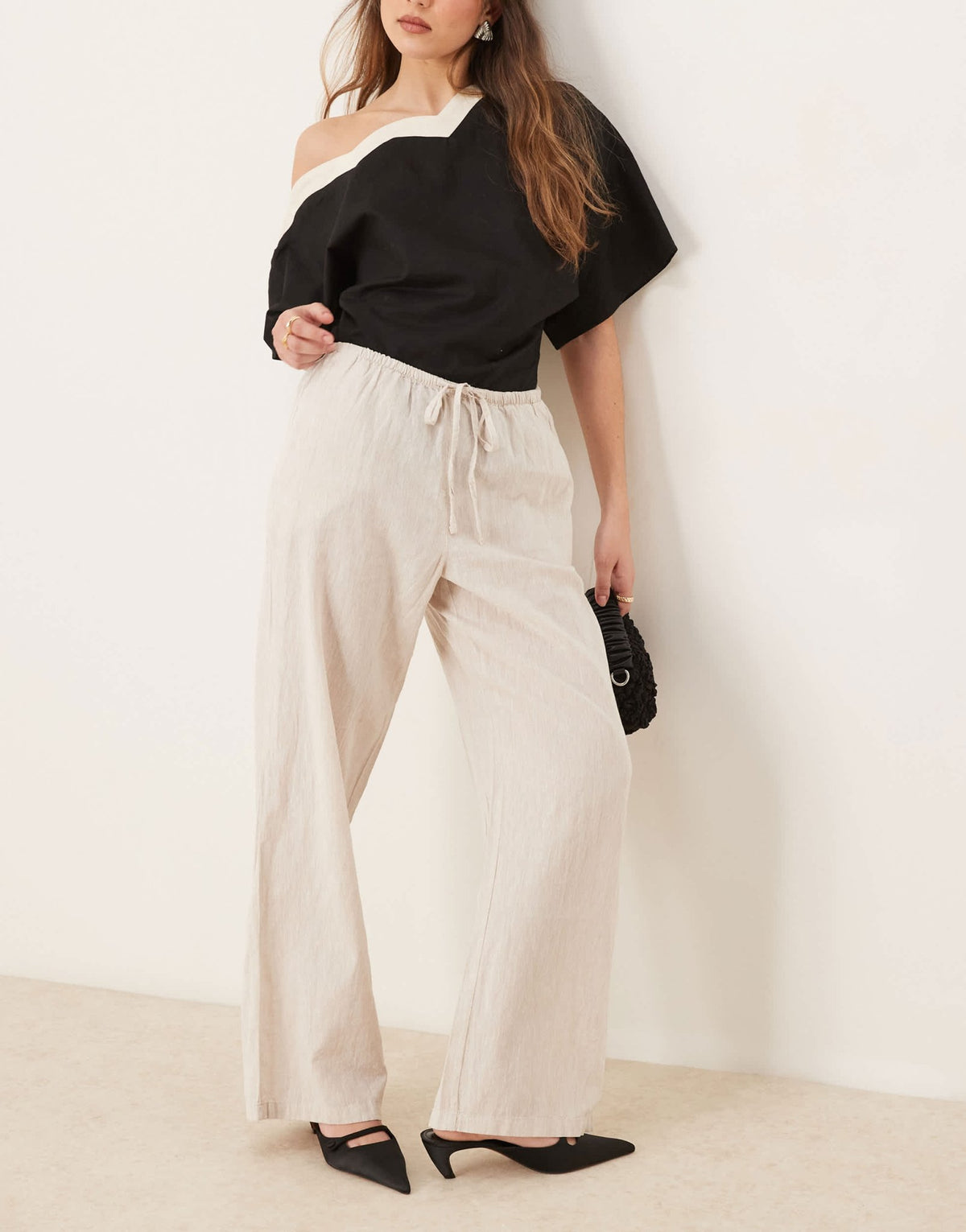 Gina Tricot wide leg linen blend trousers with drawstring waist in beige - ASOS Sample Sale