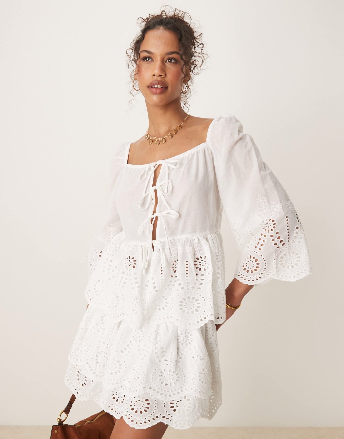 Glamorous boho lightweight broderie cutwork tie front blouse in white co-ord - ASOS Sample Sale