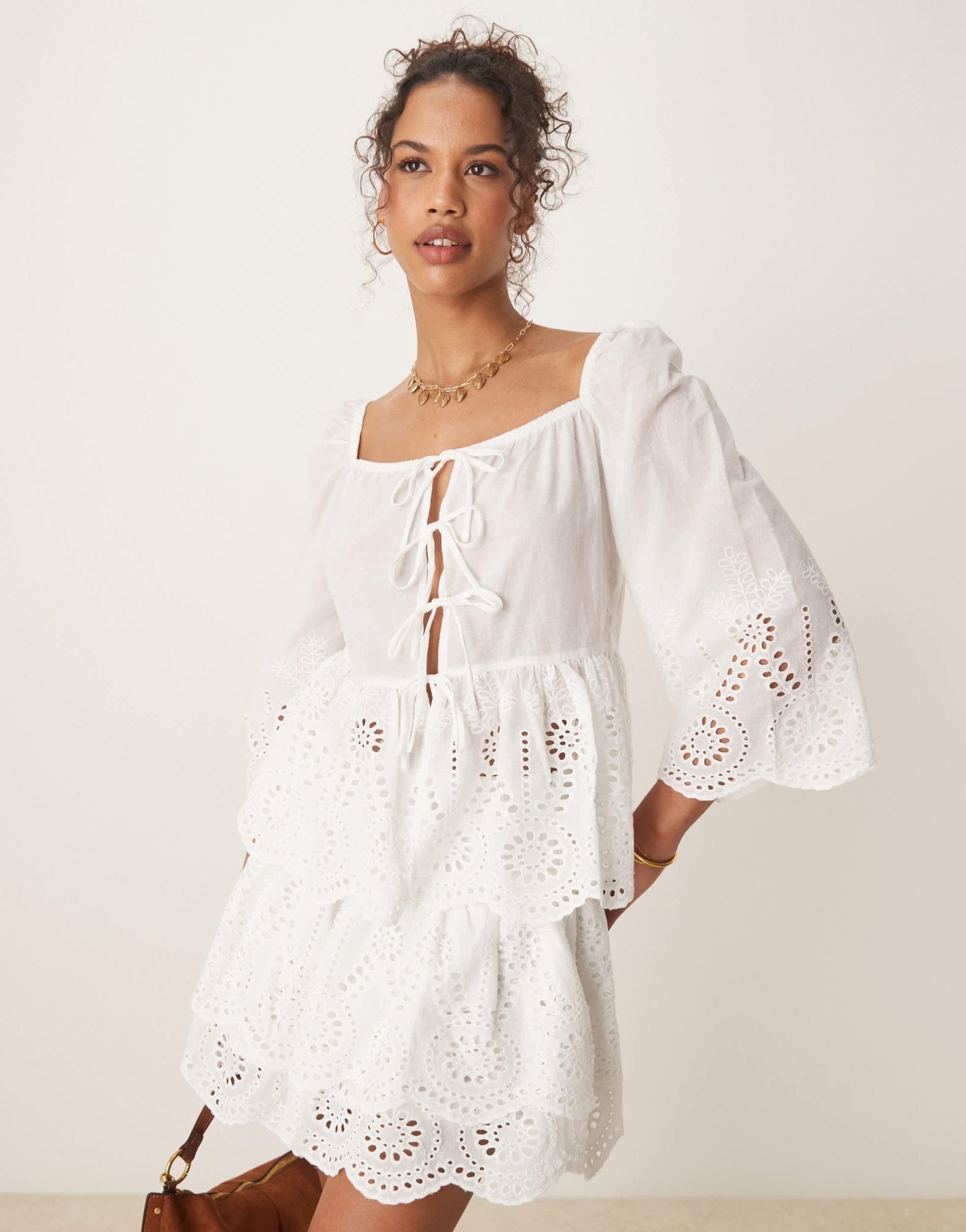 Glamorous boho lightweight broderie cutwork tie front blouse in white co-ord - ASOS Sample Sale