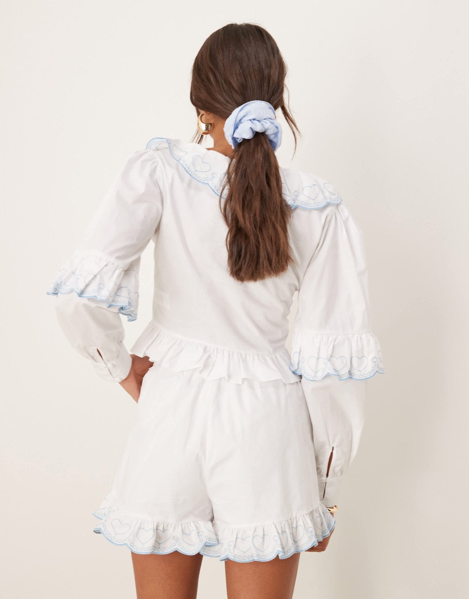 Glamorous boho ruffle tie detail blouse co - ord in white and blue - ASOS Sample Sale