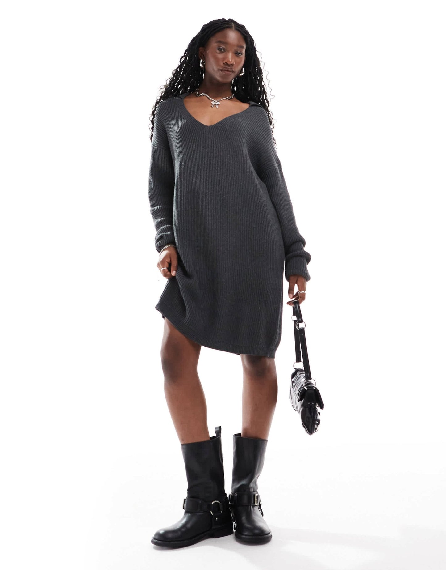 Glamorous collar detail oversized jumper dress in charcoal marl knit - ASOS Sample Sale