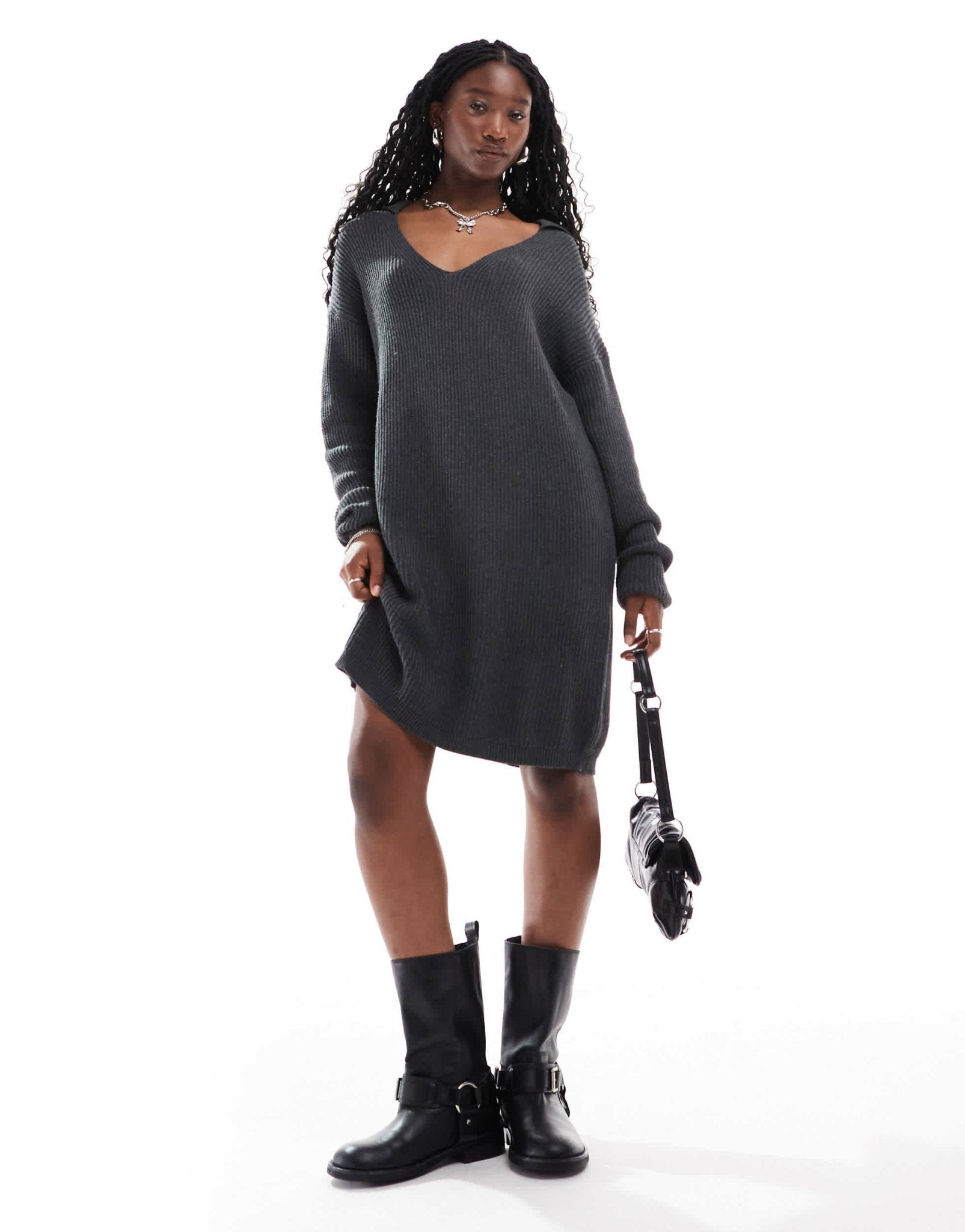 Glamorous collar detail oversized jumper dress in charcoal marl knit - ASOS Sample Sale