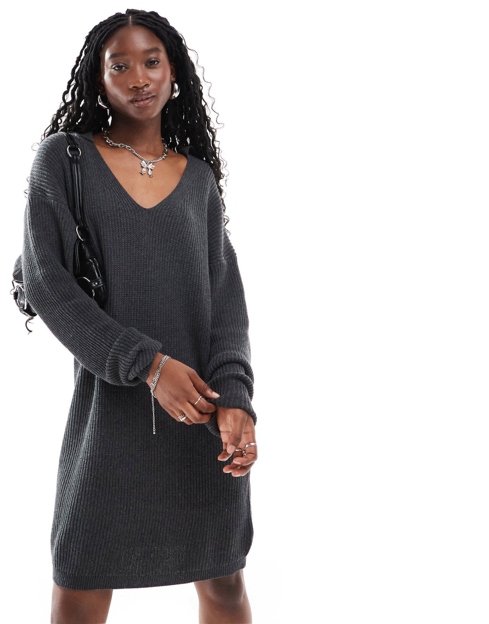 Glamorous collar detail oversized jumper dress in charcoal marl knit - ASOS Sample Sale