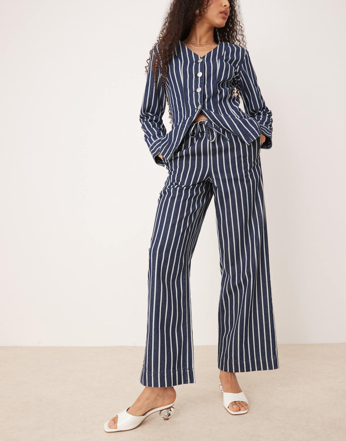 Glamorous high waisted drawstring straight leg trousers in blue denim stripe - ASOS Sample Sale