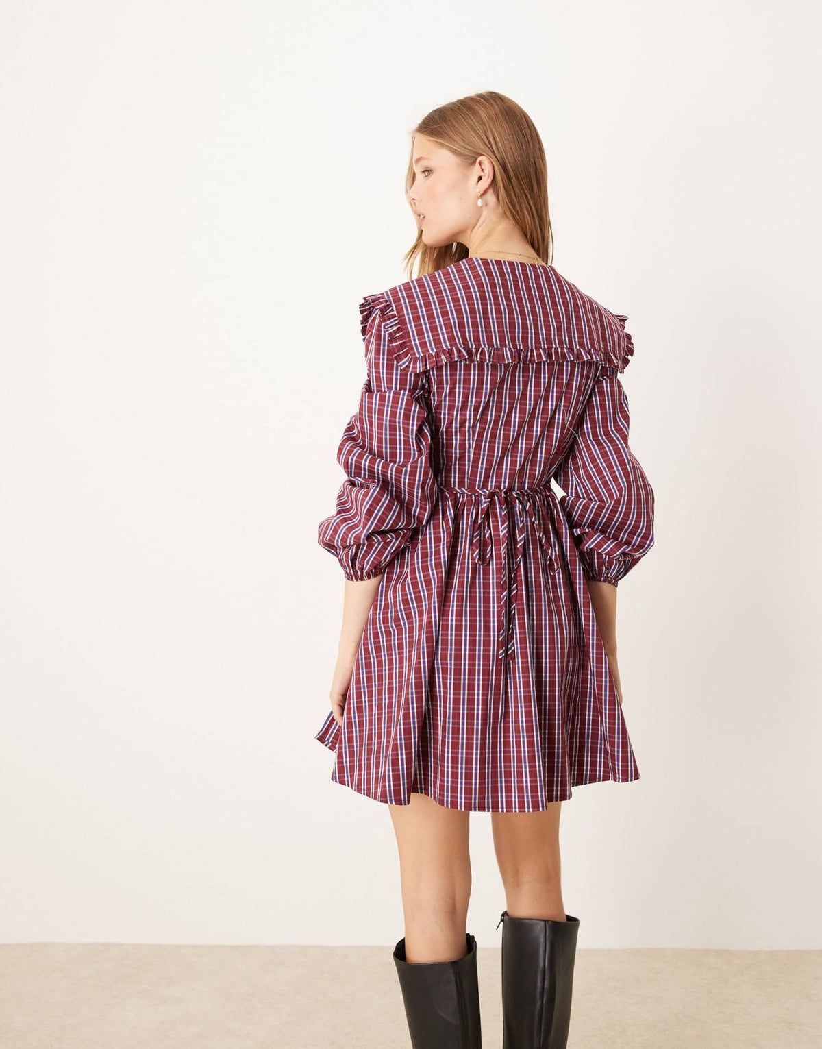 Glamorous long sleeve mii smock dress with dramatic collar in red blue check - ASOS Sample Sale