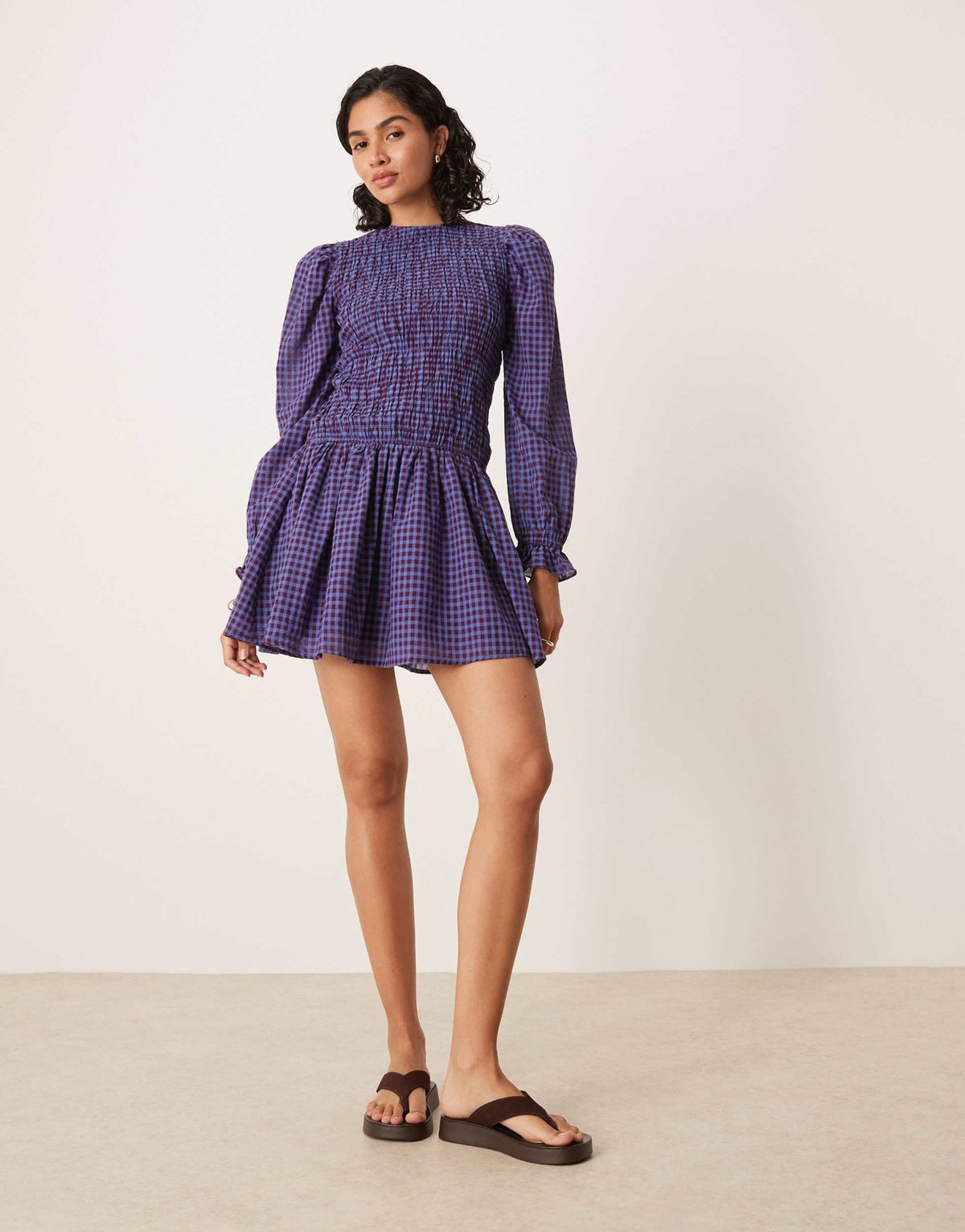Glamorous long sleeve poplin mini dress in navy burgundy check - ASOS Sample Sale
