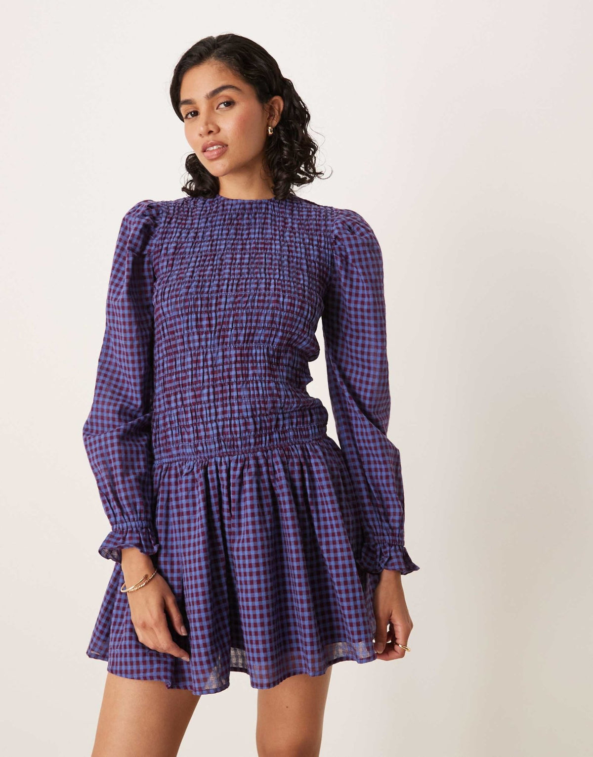 Glamorous long sleeve poplin mini dress in navy burgundy check - ASOS Sample Sale