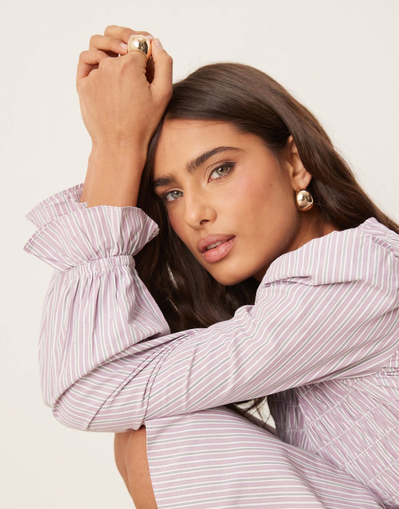 Glamorous long sleeve shirred drop waist poplin dress in lilac stripe - ASOS Sample Sale