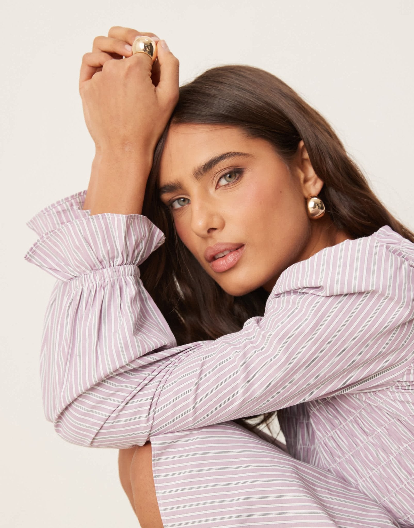 Glamorous long sleeve shirred drop waist poplin dress in lilac stripe - ASOS Sample Sale