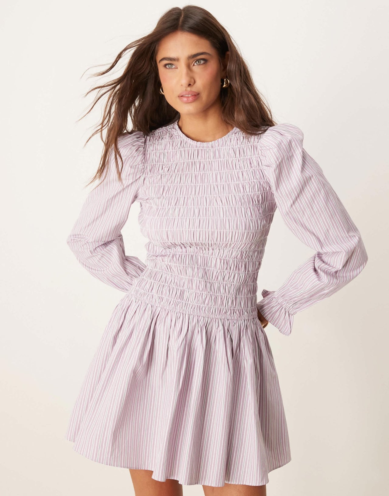 Glamorous long sleeve shirred drop waist poplin dress in lilac stripe - ASOS Sample Sale