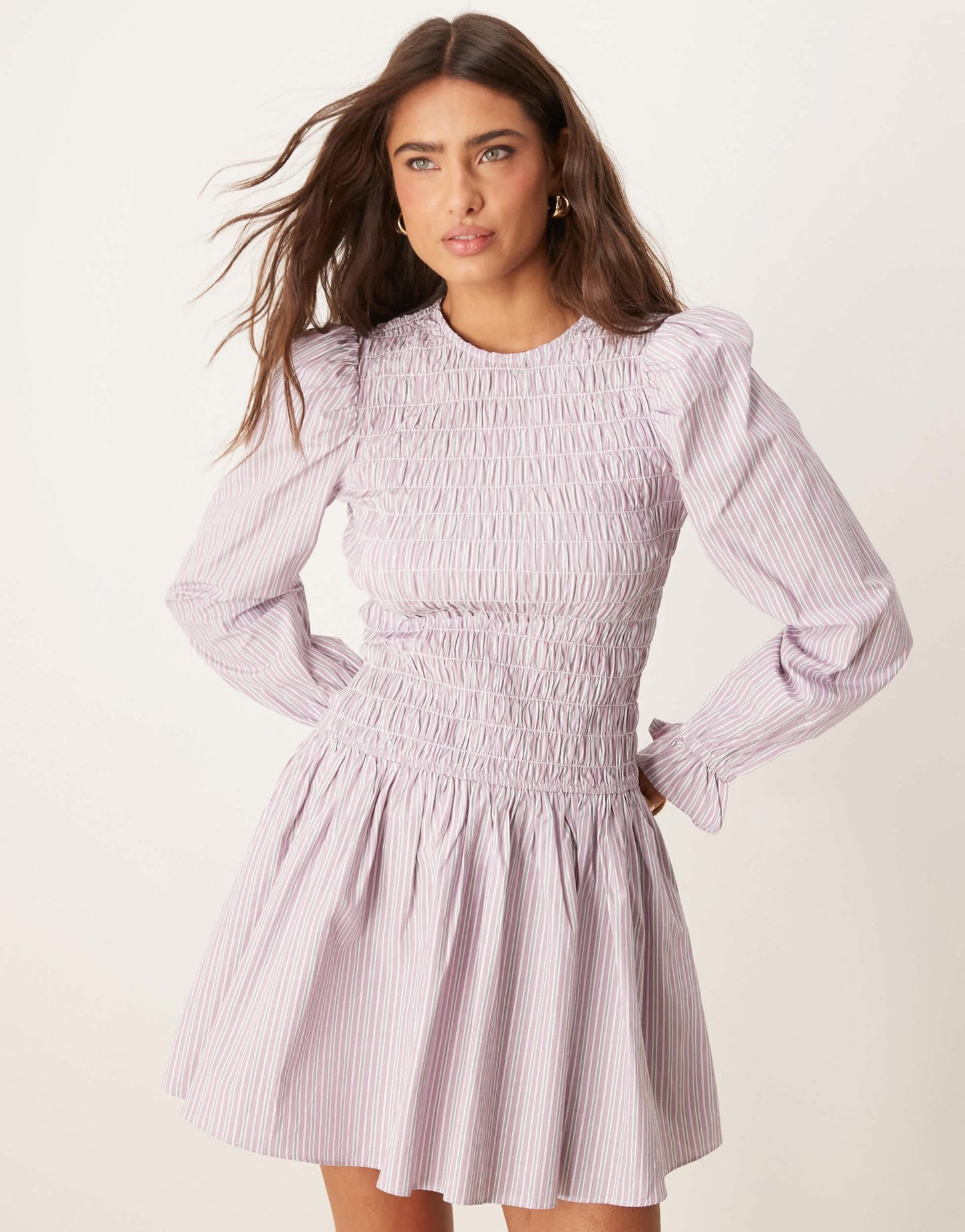Glamorous long sleeve shirred drop waist poplin dress in lilac stripe - ASOS Sample Sale