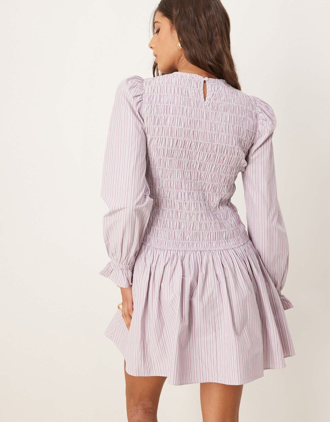 Glamorous long sleeve shirred drop waist poplin dress in lilac stripe - ASOS Sample Sale