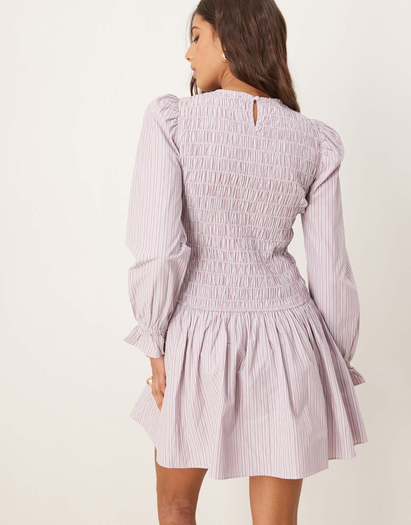 Glamorous long sleeve shirred drop waist poplin dress in lilac stripe - ASOS Sample Sale