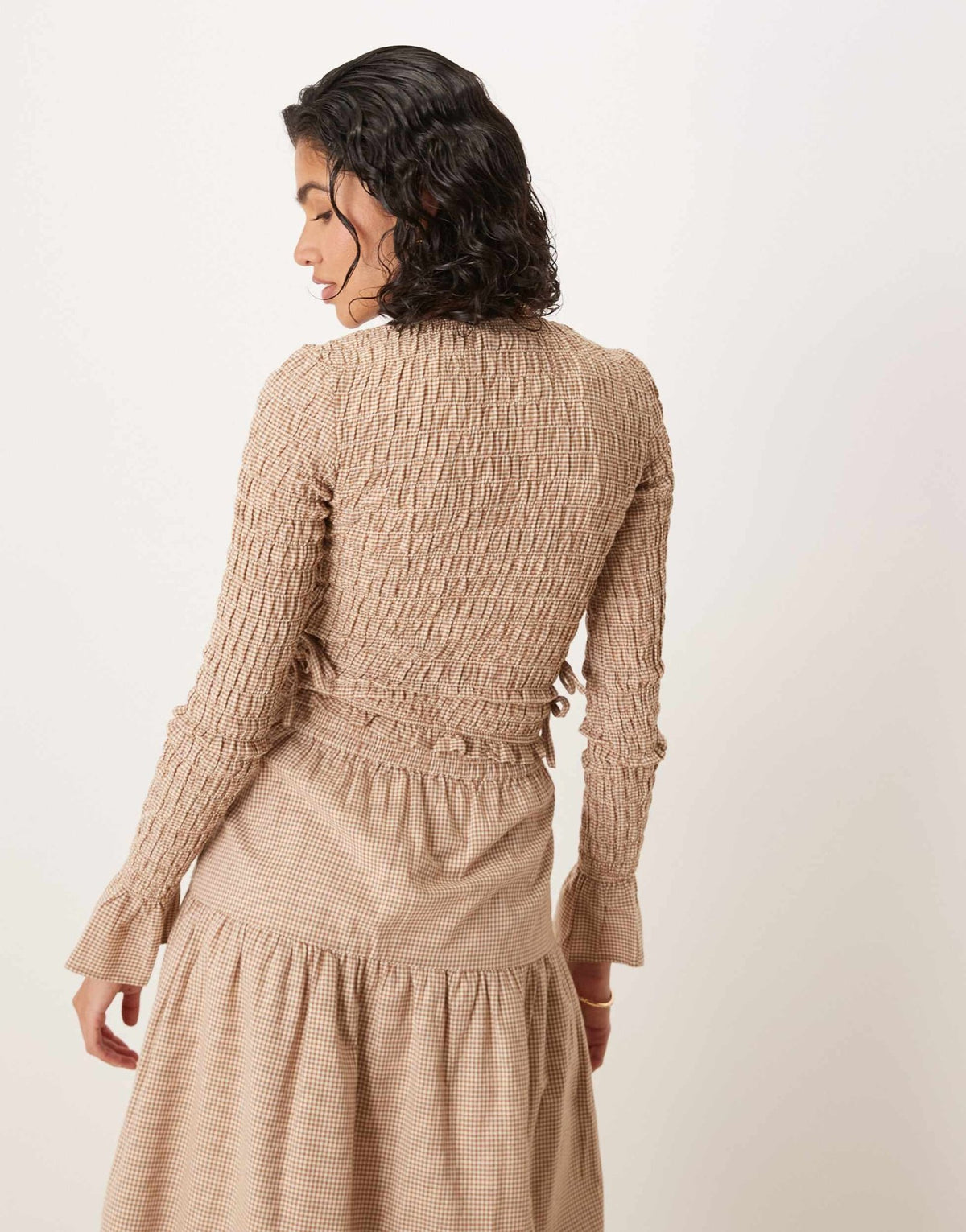 Glamorous long sleeve shirred top with tie sides in light brown check co-ord - ASOS Sample Sale