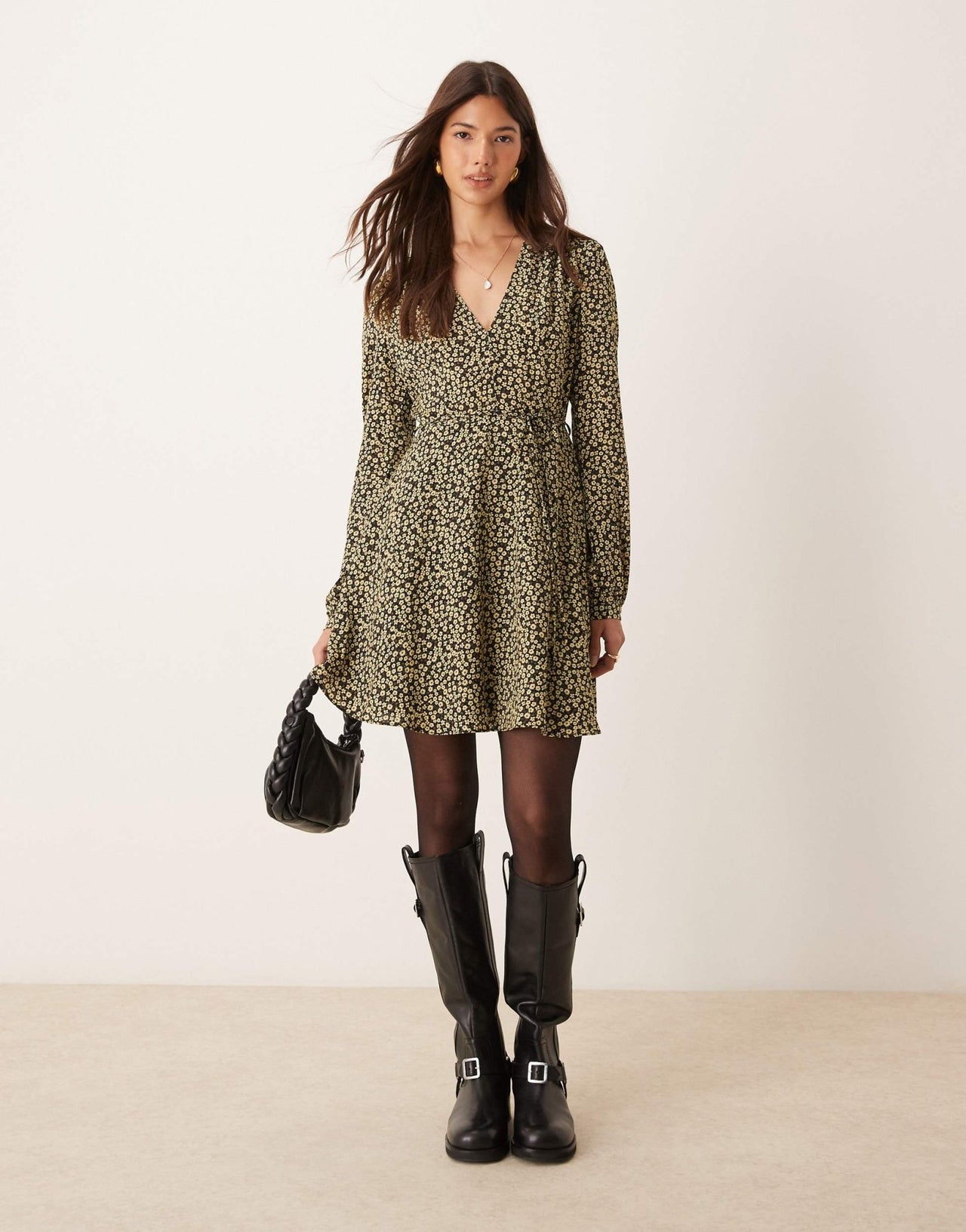 Glamorous long sleeve v neck mini dress in black and yellow ditsy floral - ASOS Sample Sale