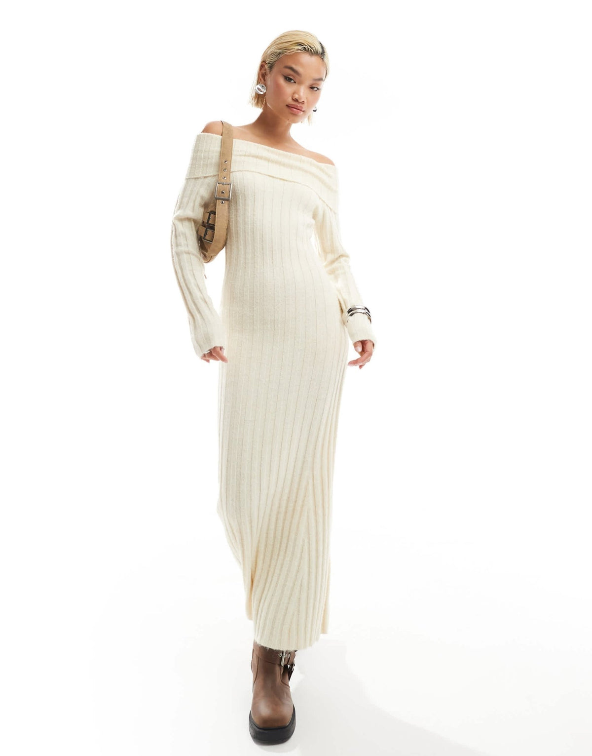 Glamorous off shoulder bodycon maxi knitted dress in cream - ASOS Sample Sale