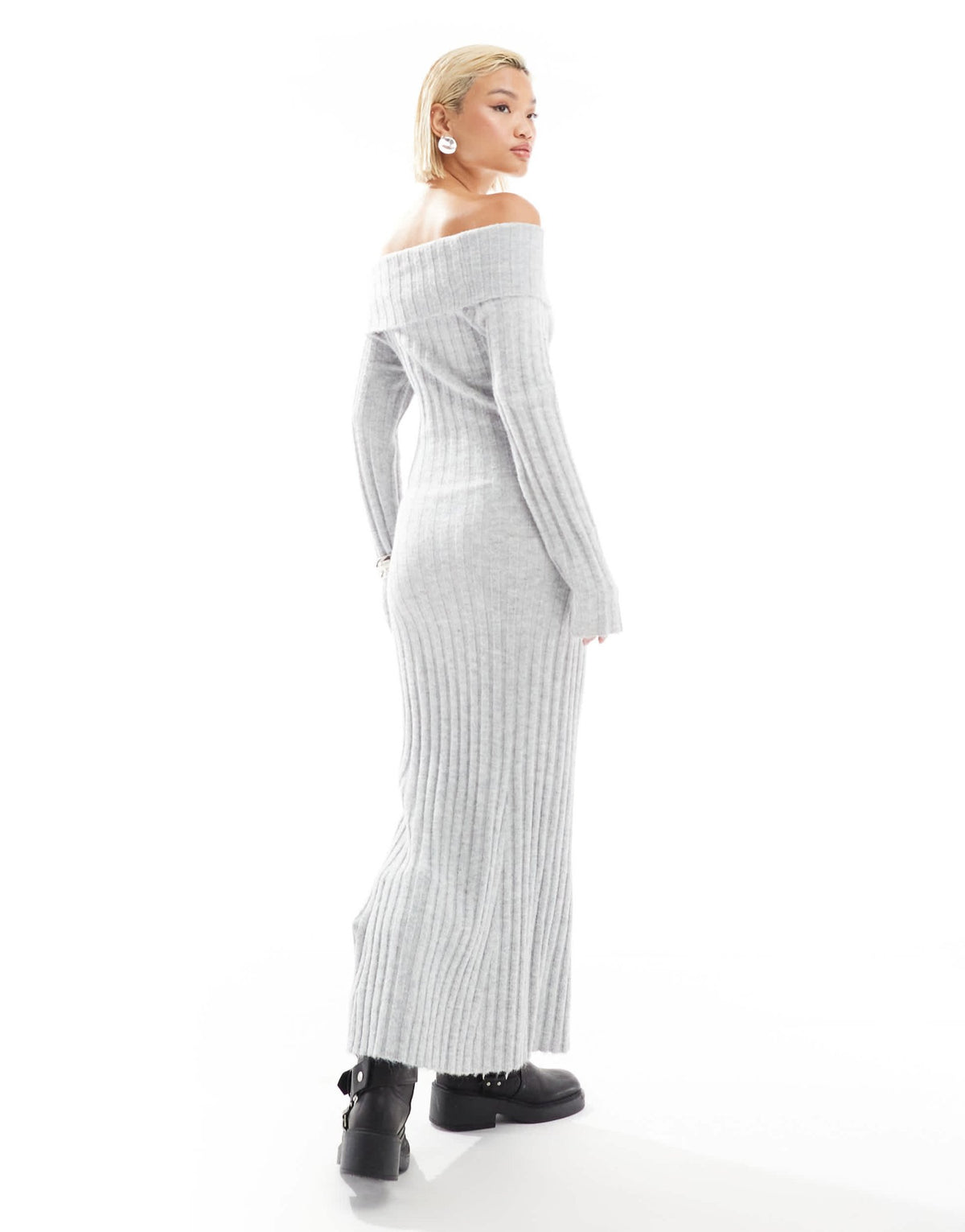 Glamorous off shoulder bodycon maxi knitted dress in grey marl - ASOS Sample Sale