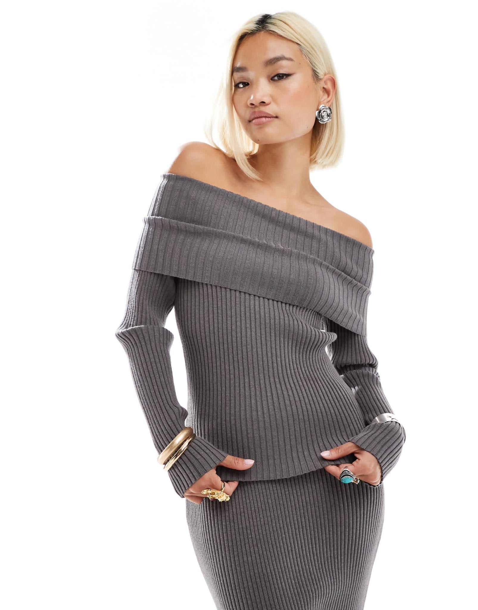 Glamorous off shoulder rib knit jumper in charcoal co - ord - ASOS Sample Sale