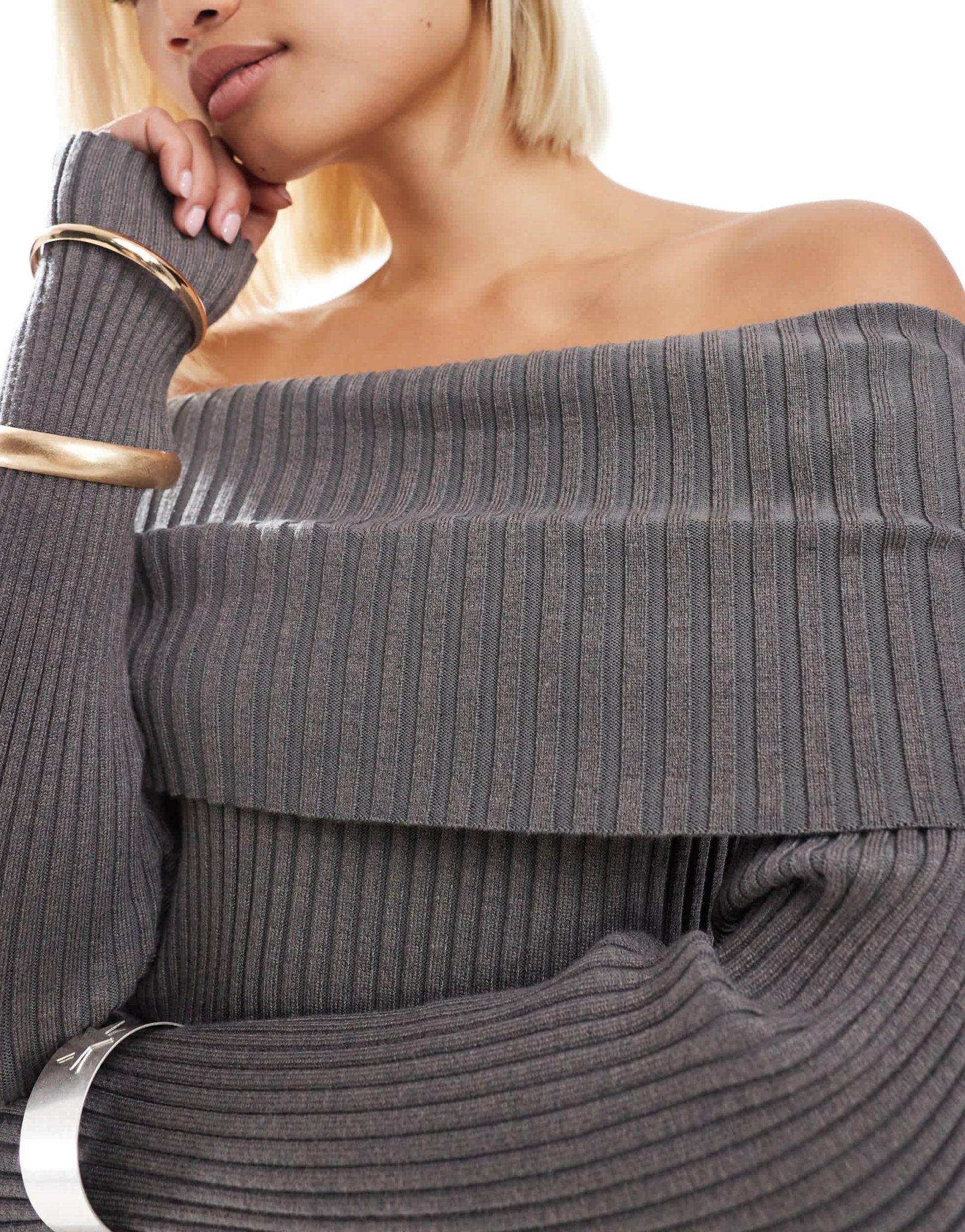 Glamorous off shoulder rib knit jumper in charcoal co - ord - ASOS Sample Sale